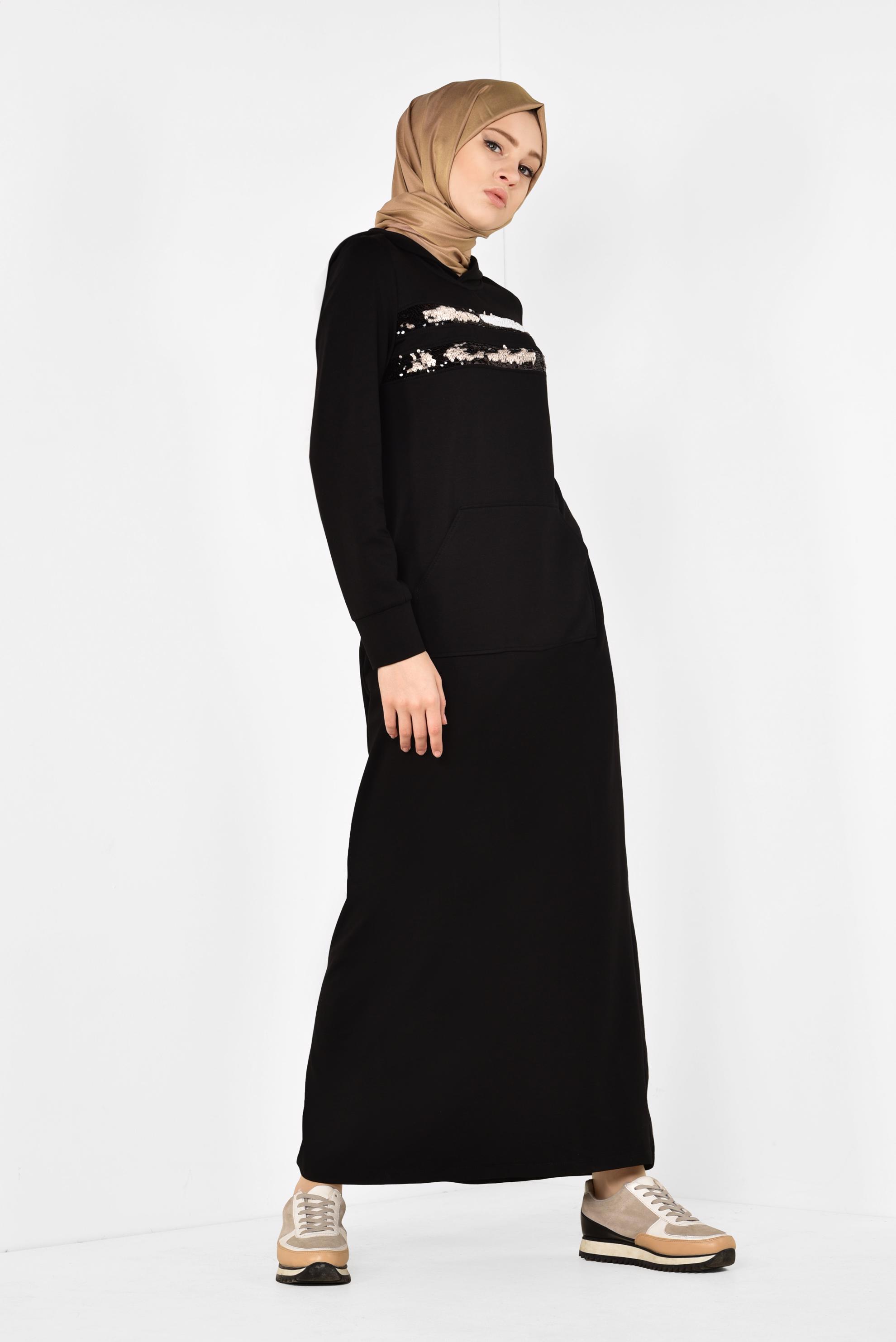 Tesettür giyim SİYAH CEPLİ EŞOFMAN ELBİSE 4235 