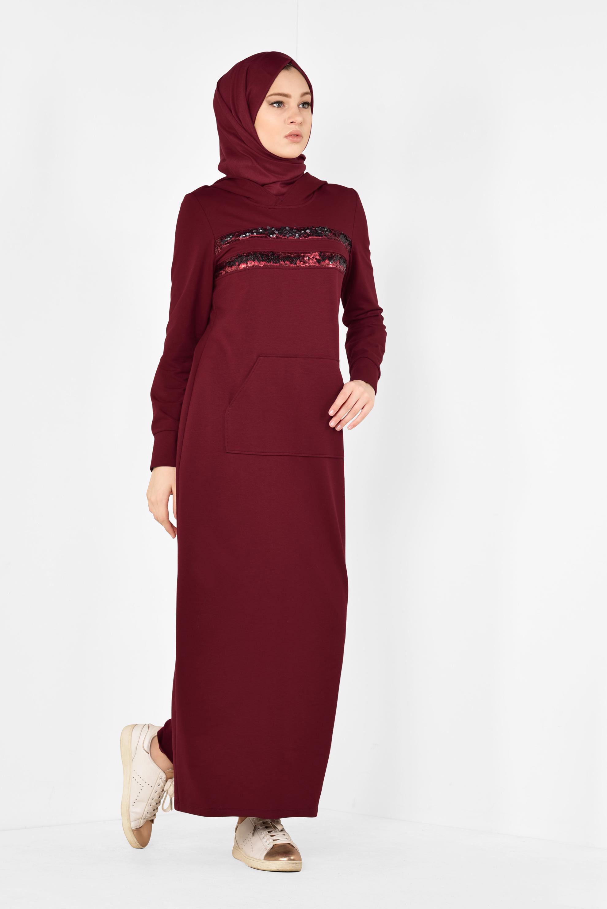 Tesettür giyim BORDO CEPLİ EŞOFMAN ELBİSE 4235 