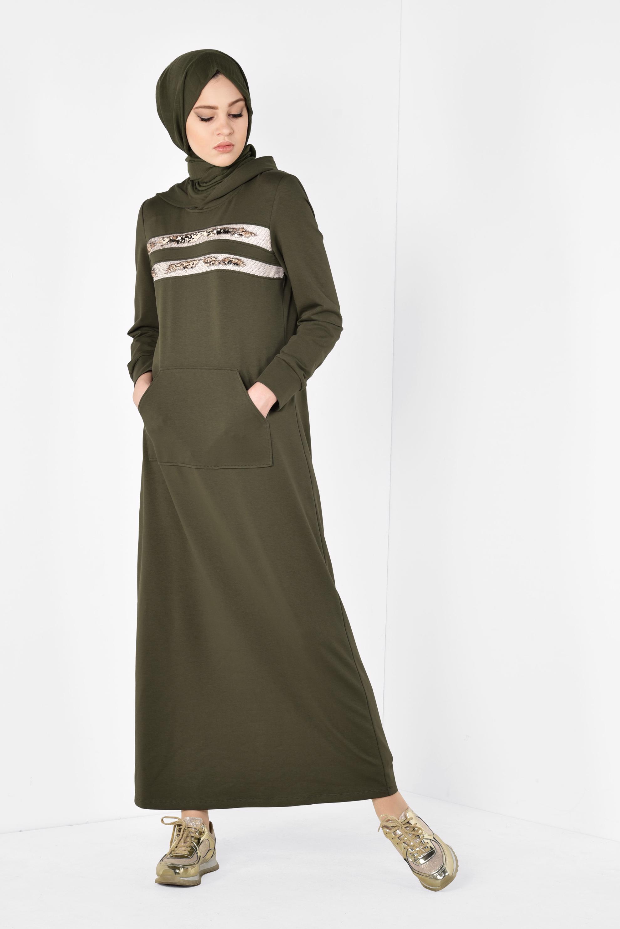 Tesettür giyim HAKİ CEPLİ EŞOFMAN ELBİSE 4235 