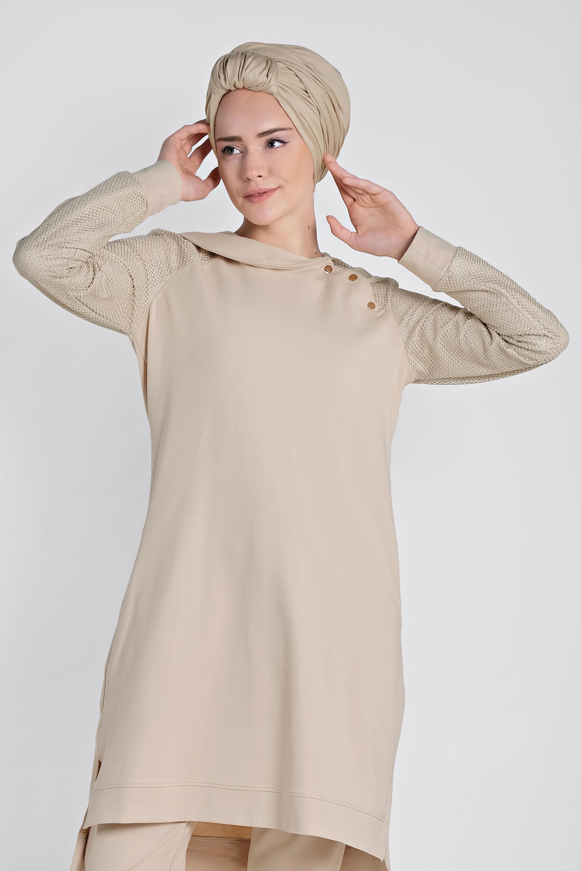 Hijab clothing BEIGE Filet Detail Binary Tracksuit 4277 