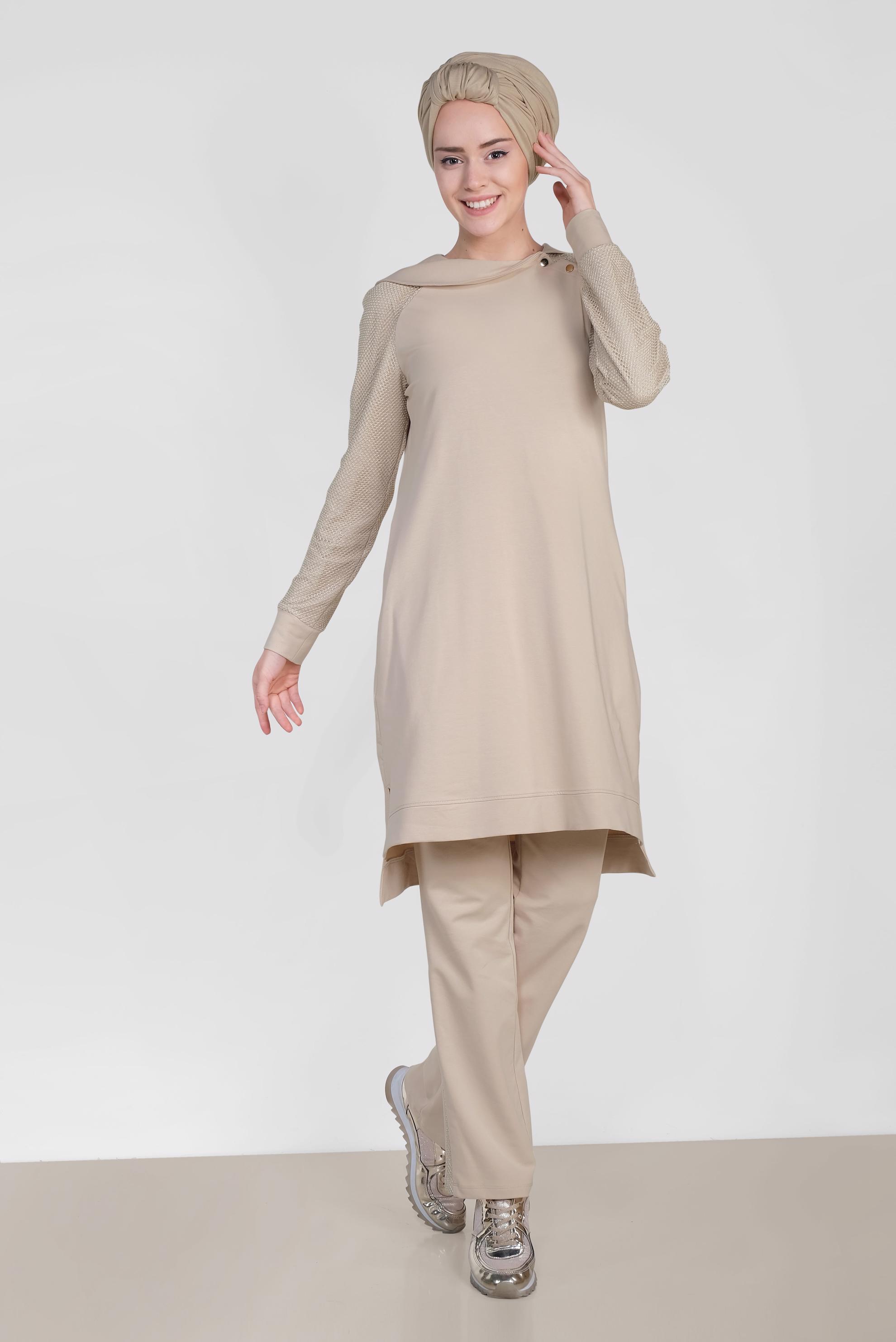 Hijab clothing BEIGE Filet Detail Binary Tracksuit 4277 