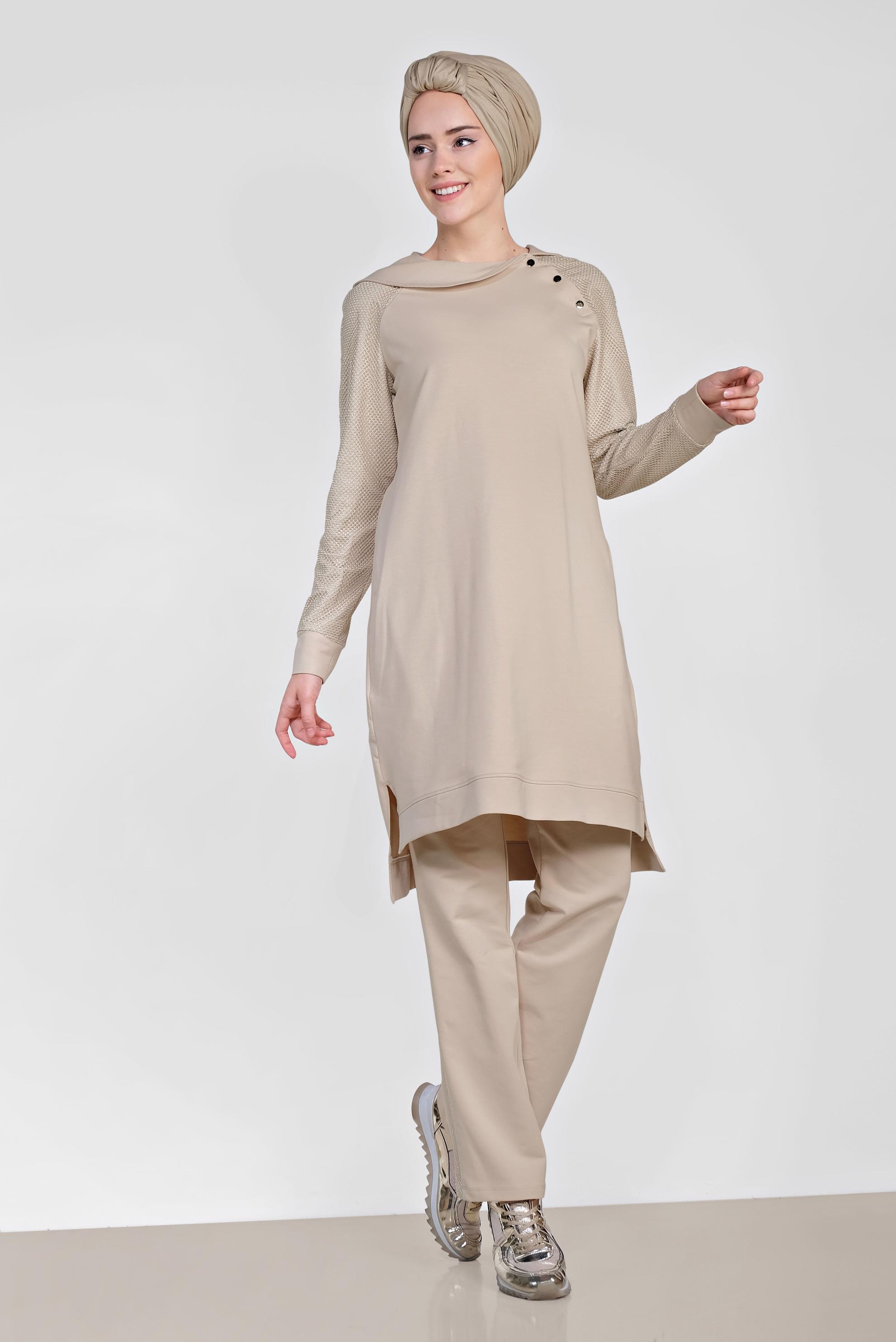 Hijab clothing BEIGE Filet Detail Binary Tracksuit 4277 