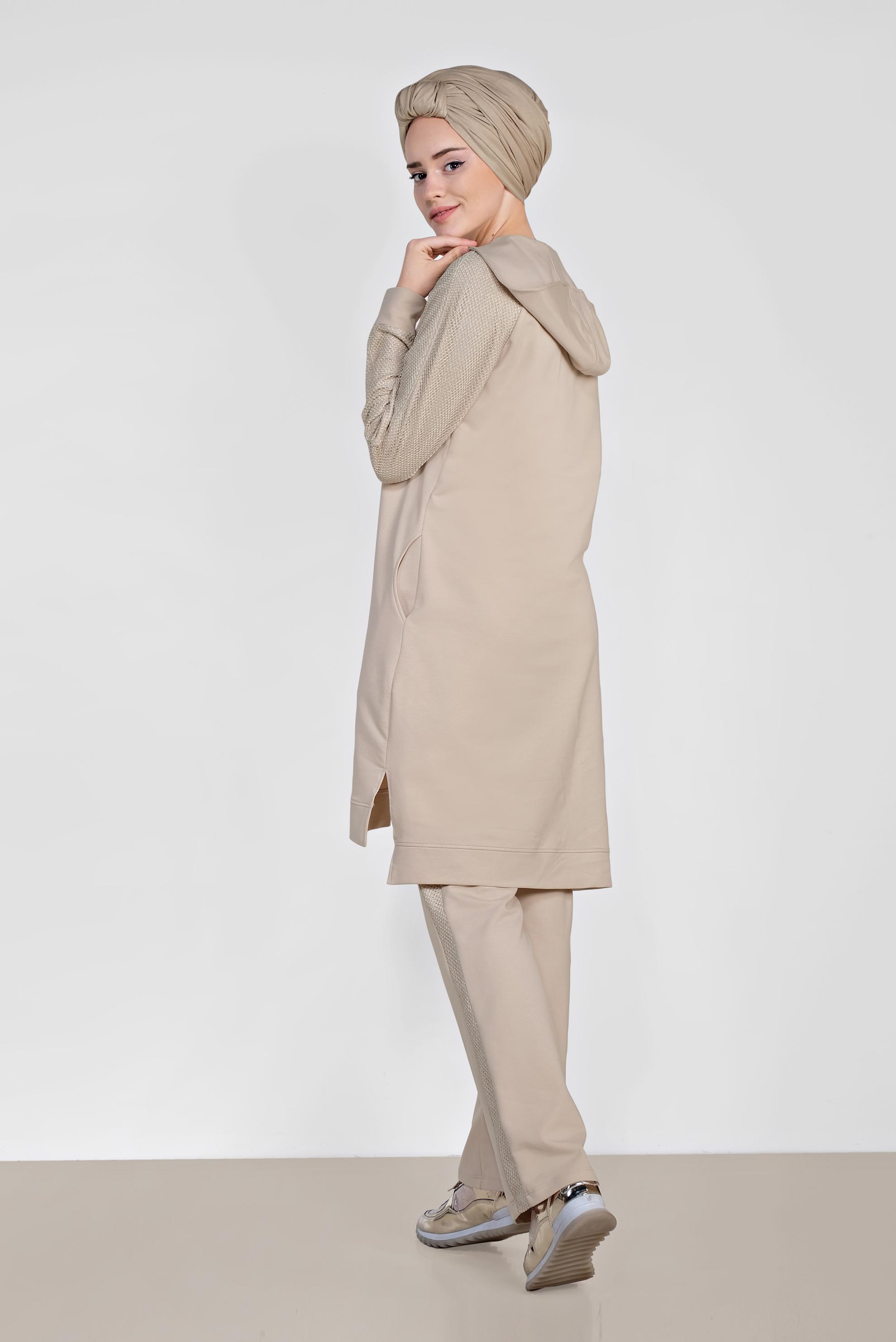 Hijab clothing BEIGE Filet Detail Binary Tracksuit 4277 