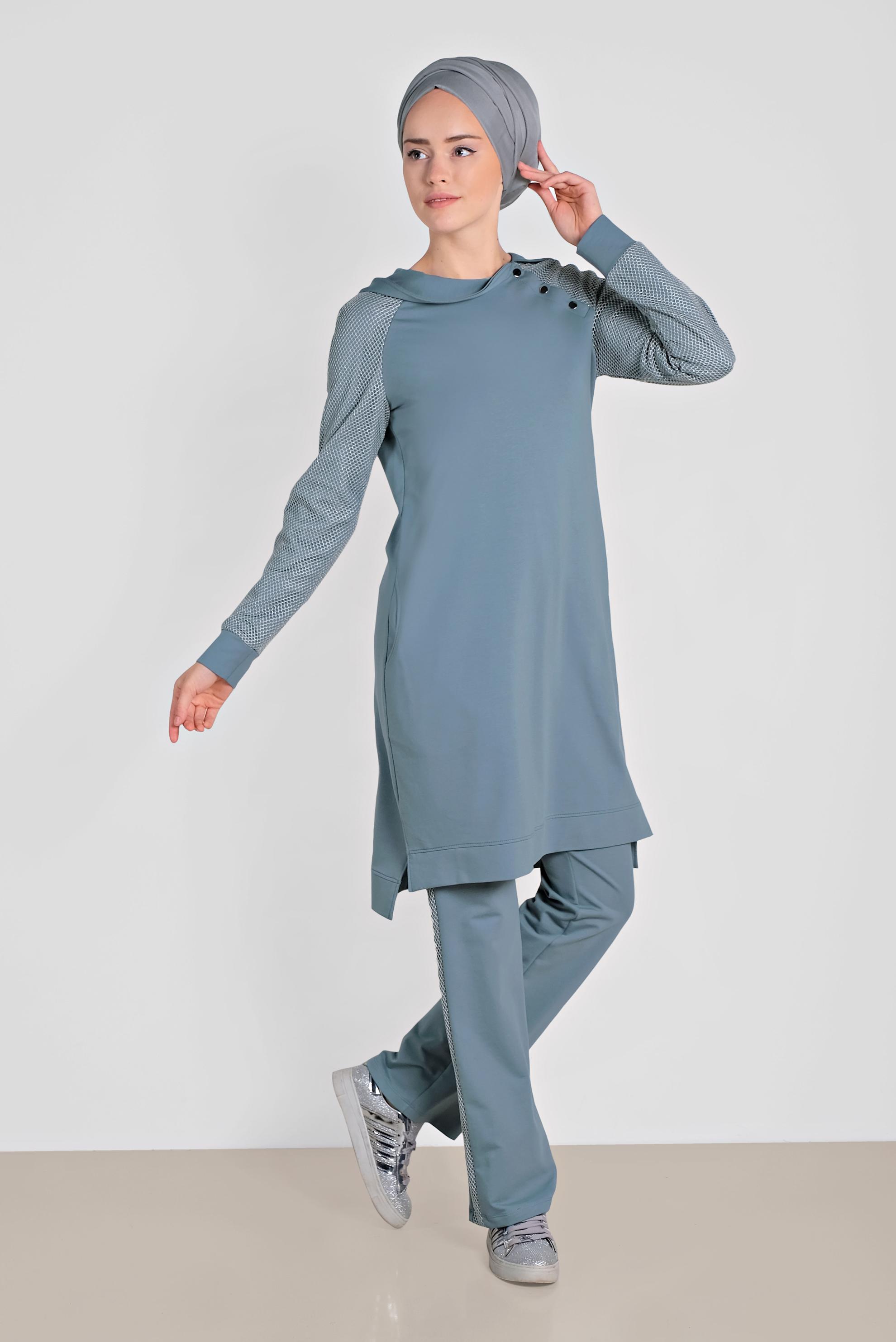 Tesettür giyim MAVİ FİLE DETAYLI İKİLİ PANTOLONLU EŞOFMAN TAKIM 4277