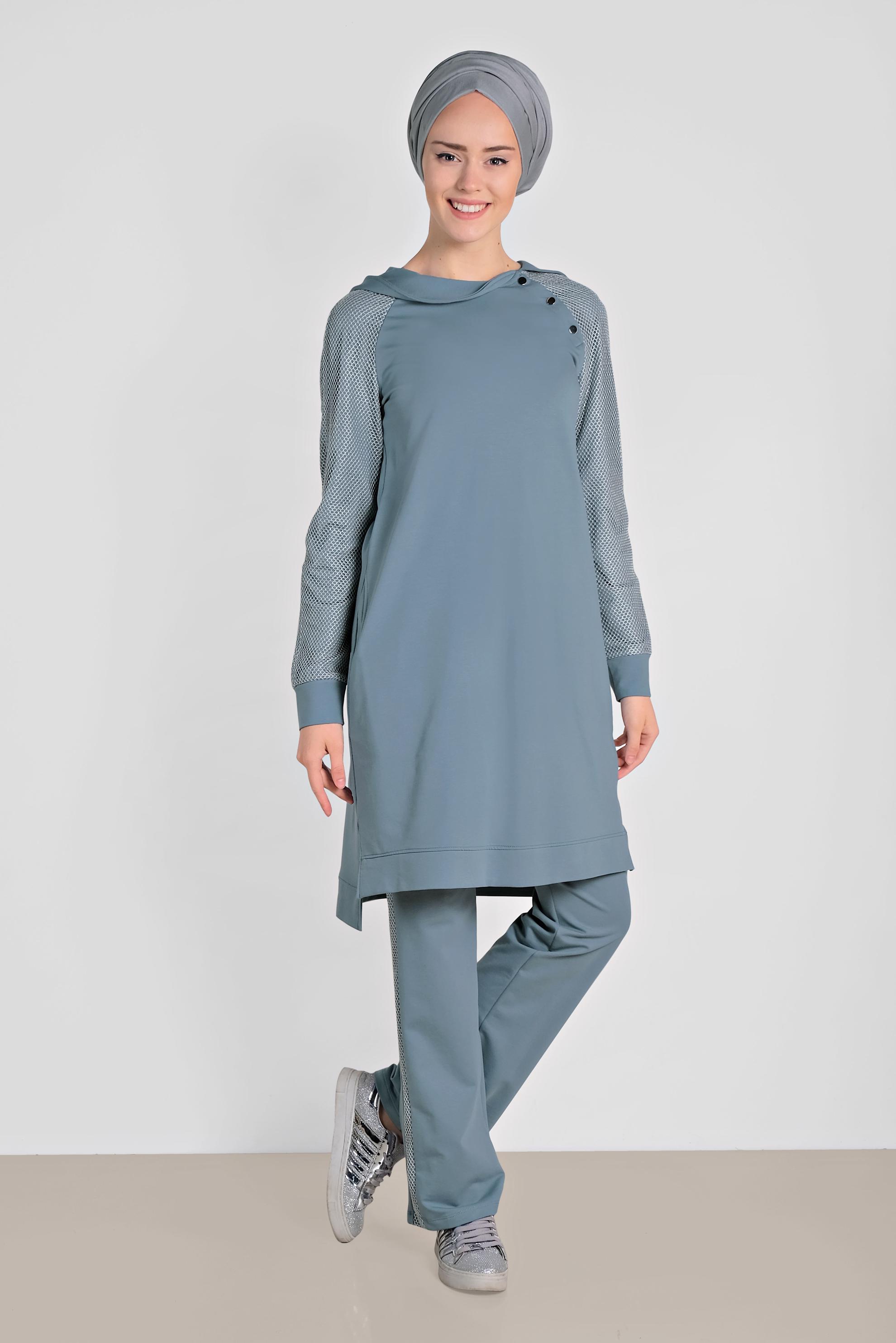 Tesettür giyim MAVİ FİLE DETAYLI İKİLİ PANTOLONLU EŞOFMAN TAKIM 4277