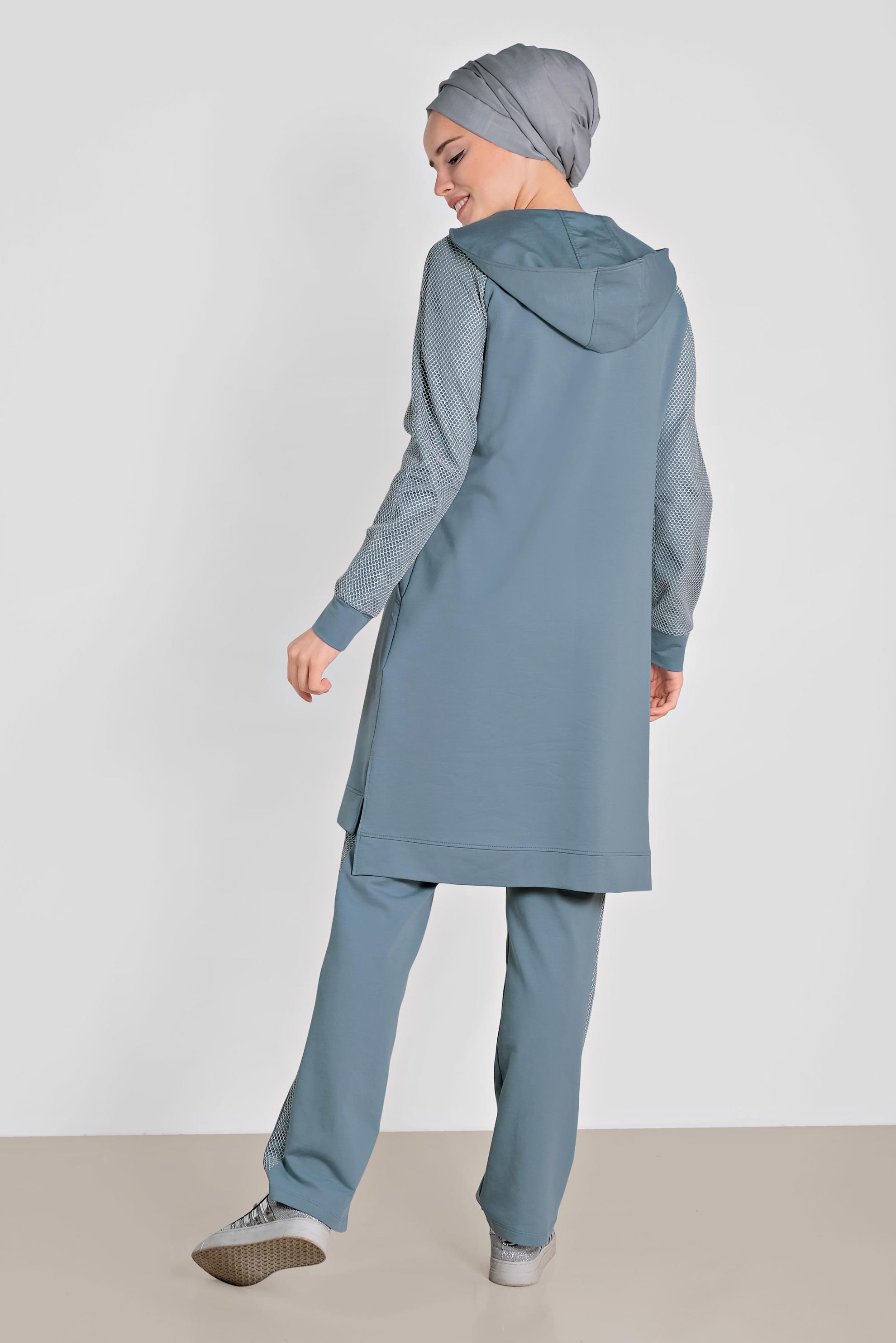 Tesettür giyim MAVİ FİLE DETAYLI İKİLİ PANTOLONLU EŞOFMAN TAKIM 4277