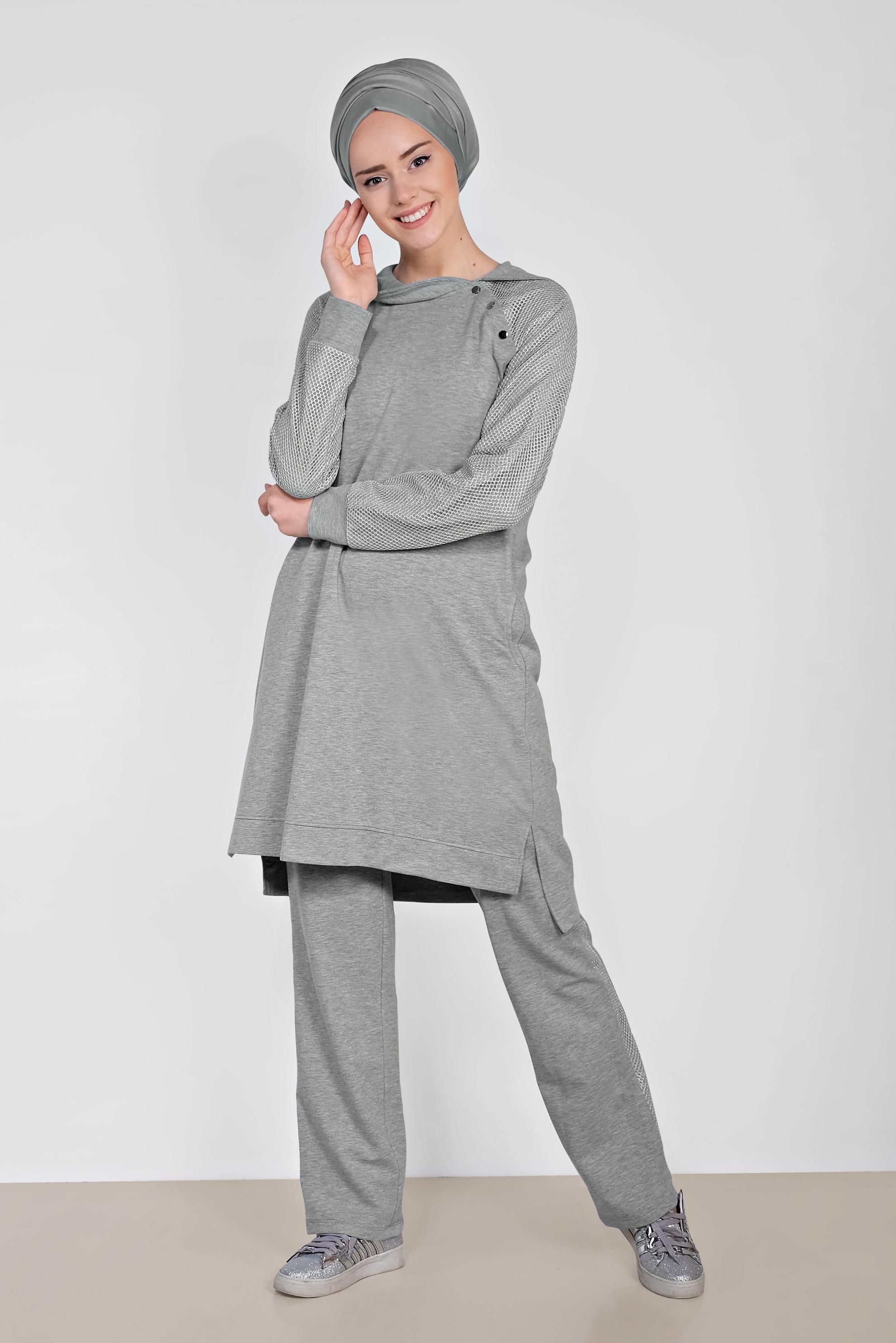 Hijab clothing GREY Filet Detail Binary Tracksuit 4277 