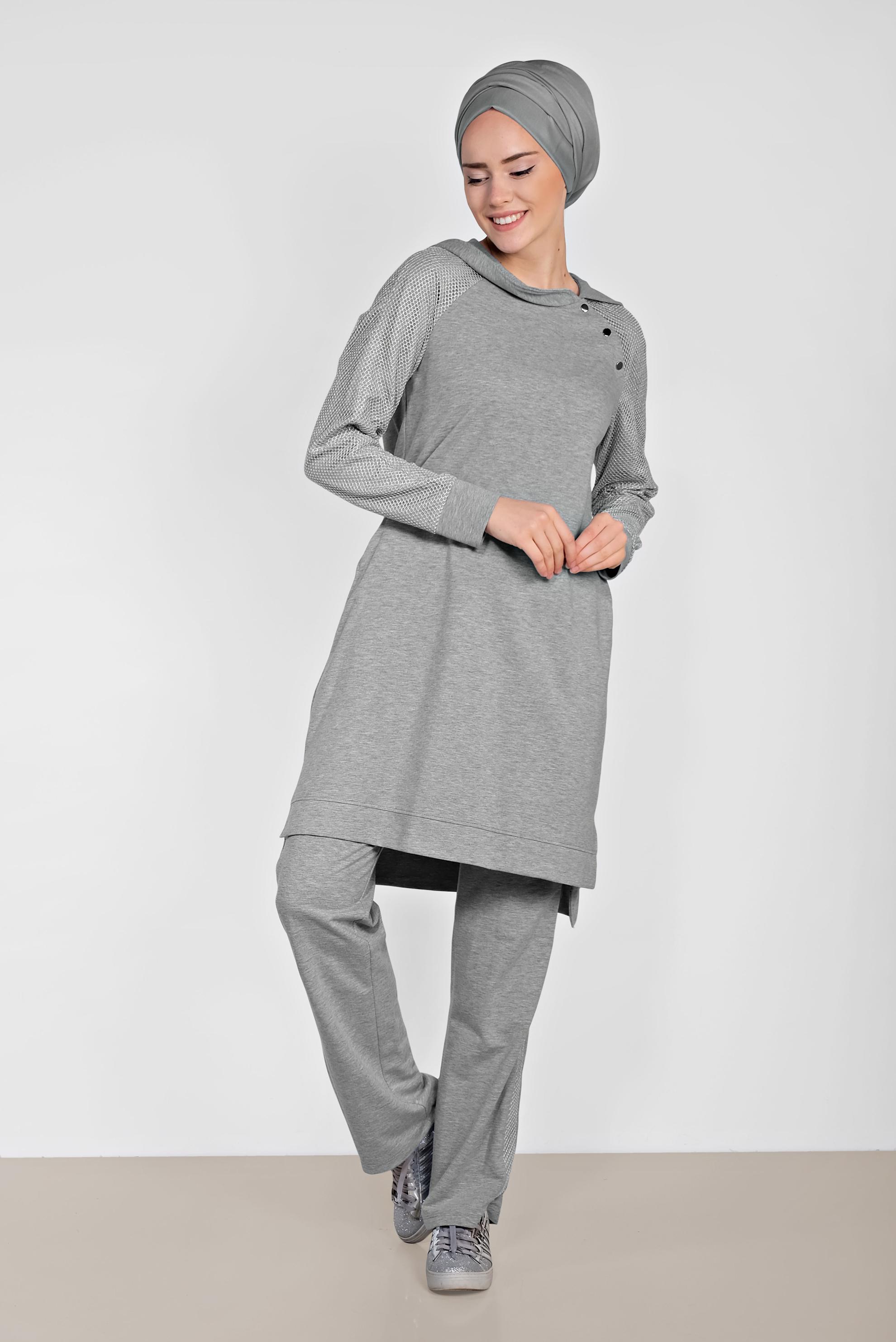Hijab clothing GREY Filet Detail Binary Tracksuit 4277 