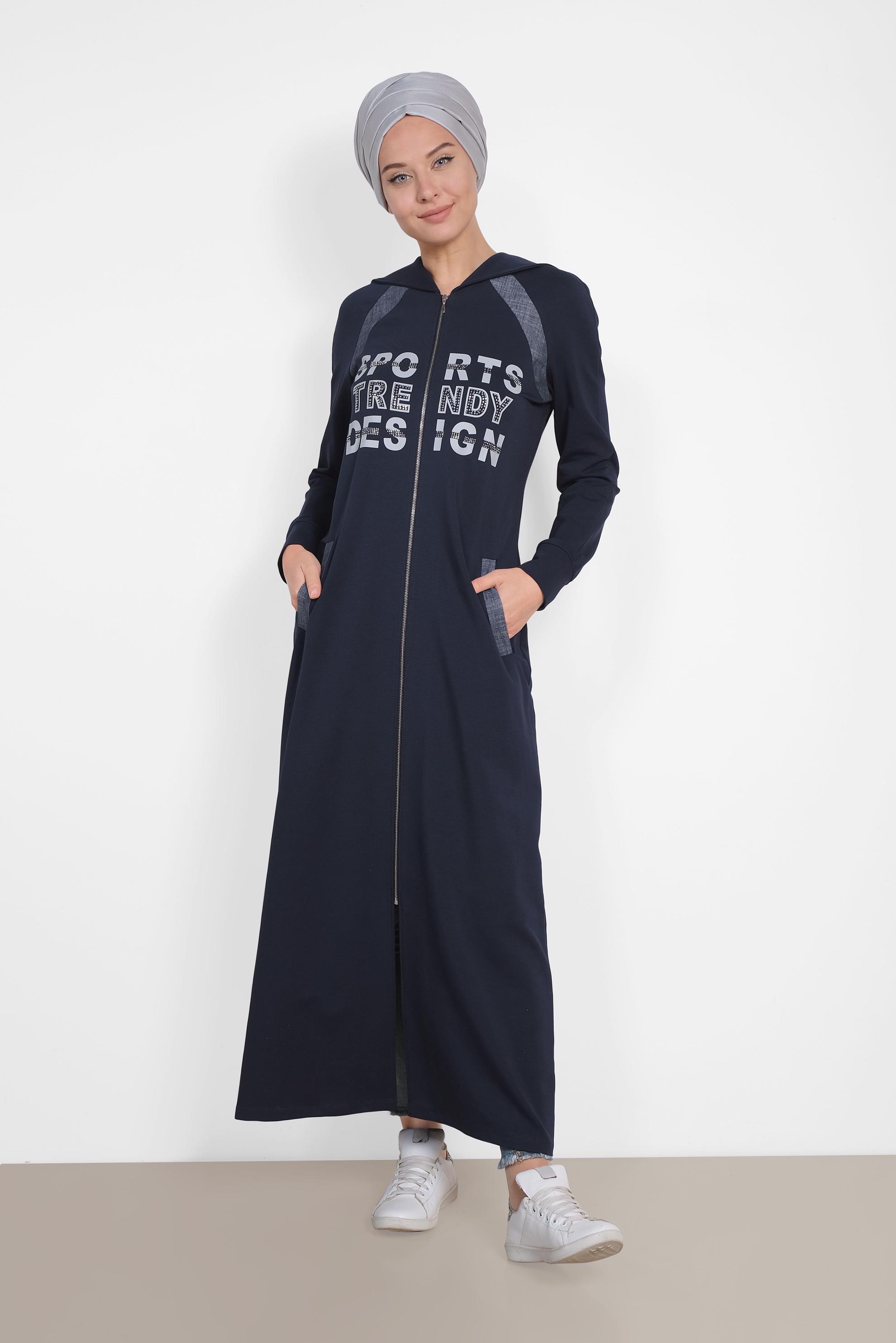 Tesettür giyim LACİVERT TAŞ VE YAZI BASKILI EŞOFMAN TUNİK 4340  