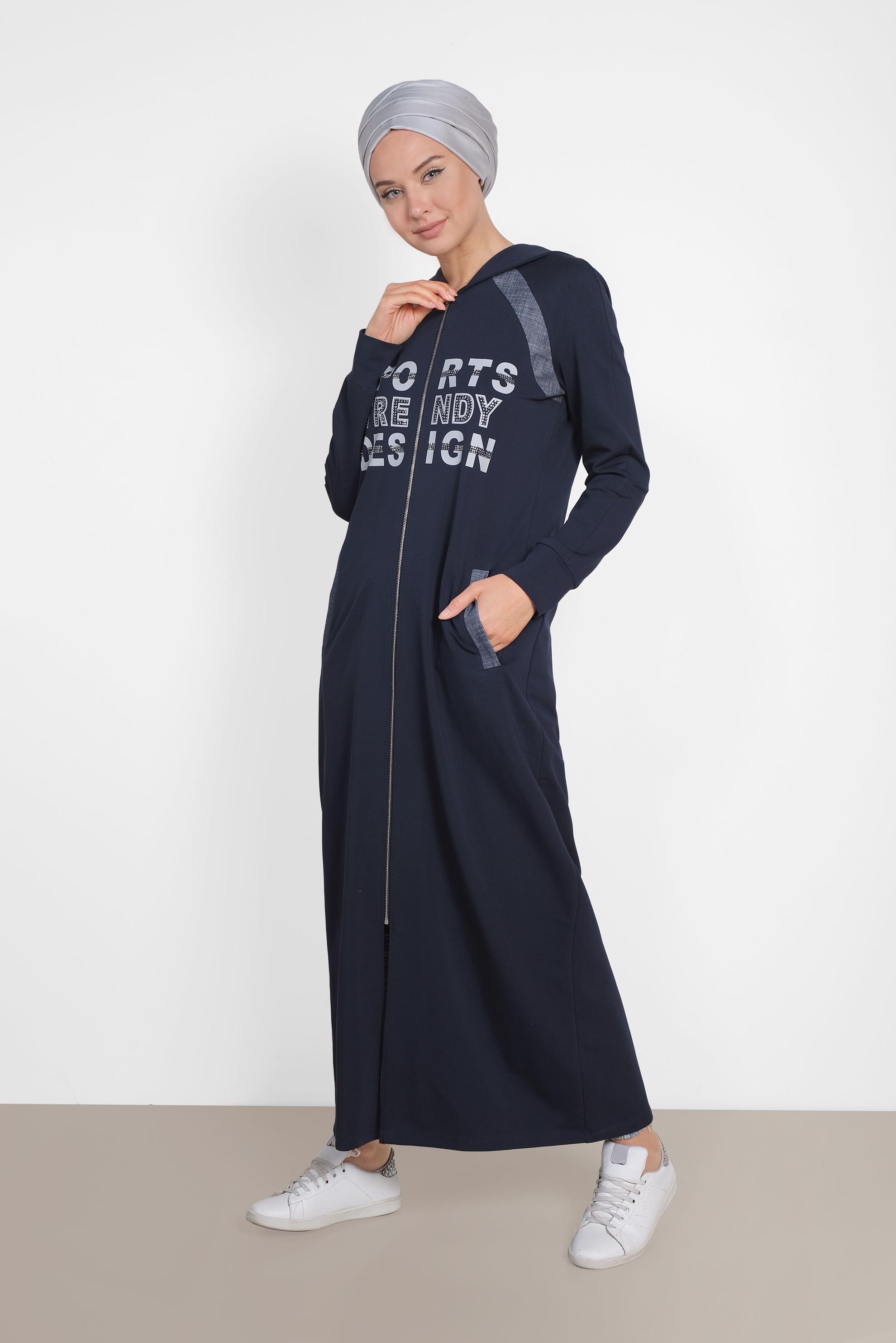 Tesettür giyim LACİVERT TAŞ VE YAZI BASKILI EŞOFMAN TUNİK 4340  