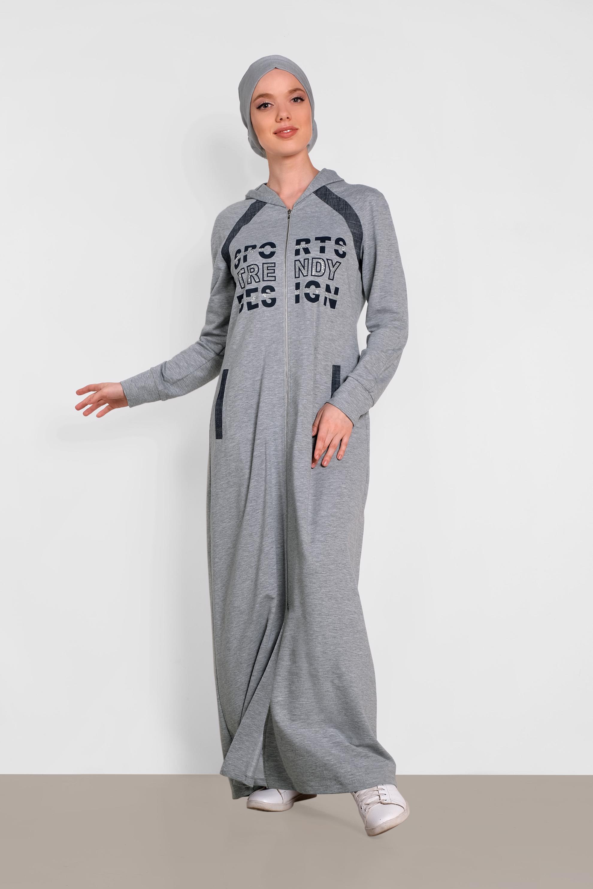 Tesettür giyim GRİ TAŞ VE YAZI BASKILI EŞOFMAN TUNİK 4340  