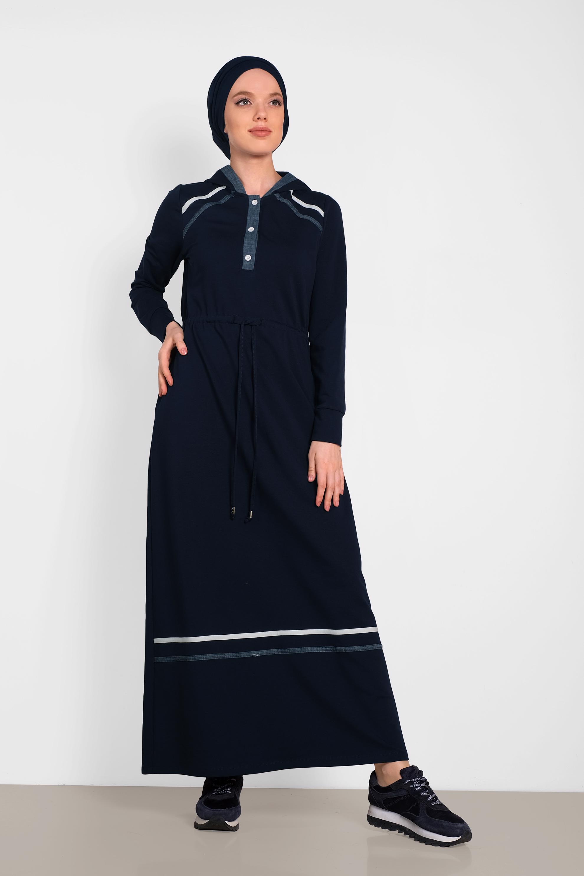 Tesettür giyim LACİVERT BELİ BÜZGÜLÜ KAPÜŞONLU EŞOFMAN ELBİSE 4468 