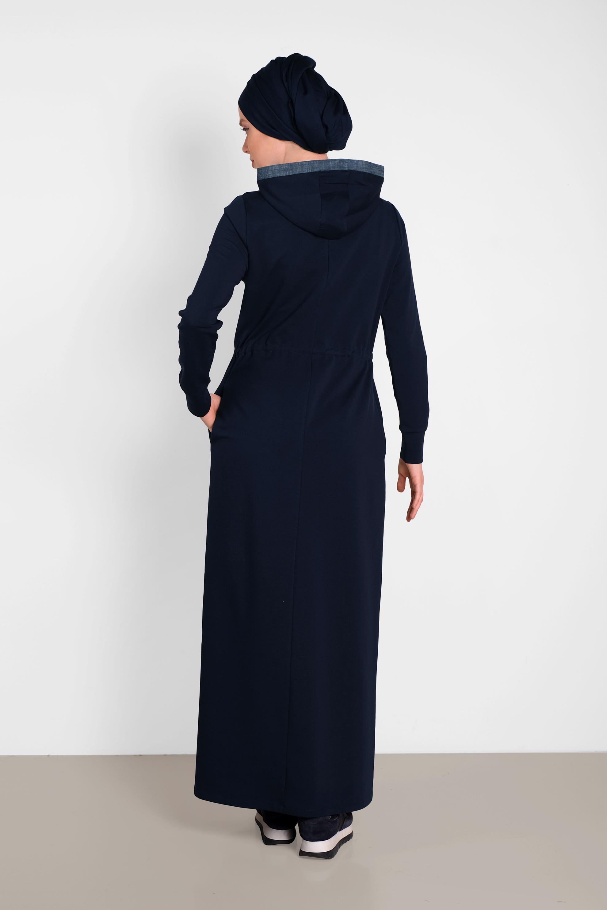 Tesettür giyim LACİVERT BELİ BÜZGÜLÜ KAPÜŞONLU EŞOFMAN ELBİSE 4468 