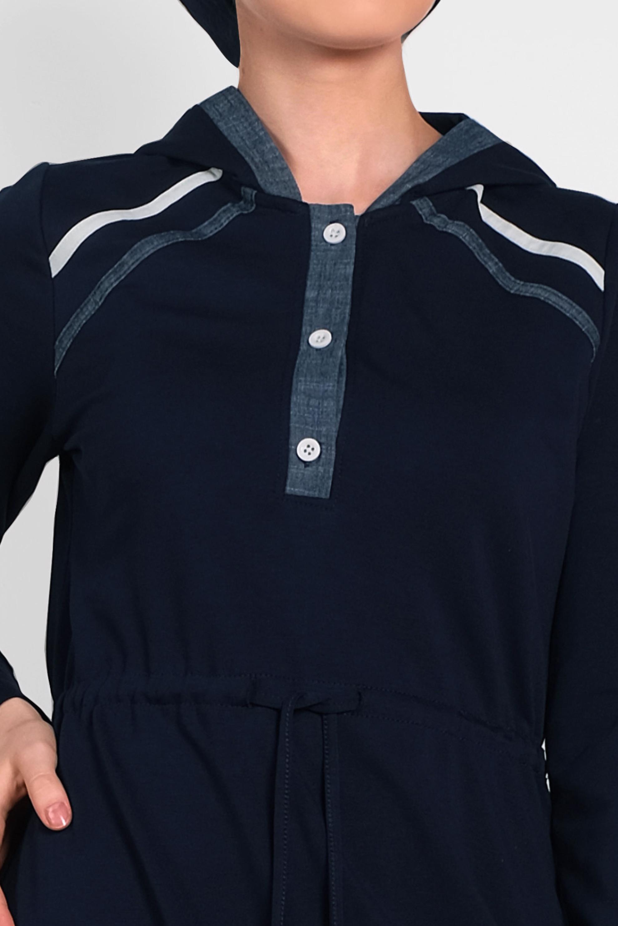 Tesettür giyim LACİVERT BELİ BÜZGÜLÜ KAPÜŞONLU EŞOFMAN ELBİSE 4468 