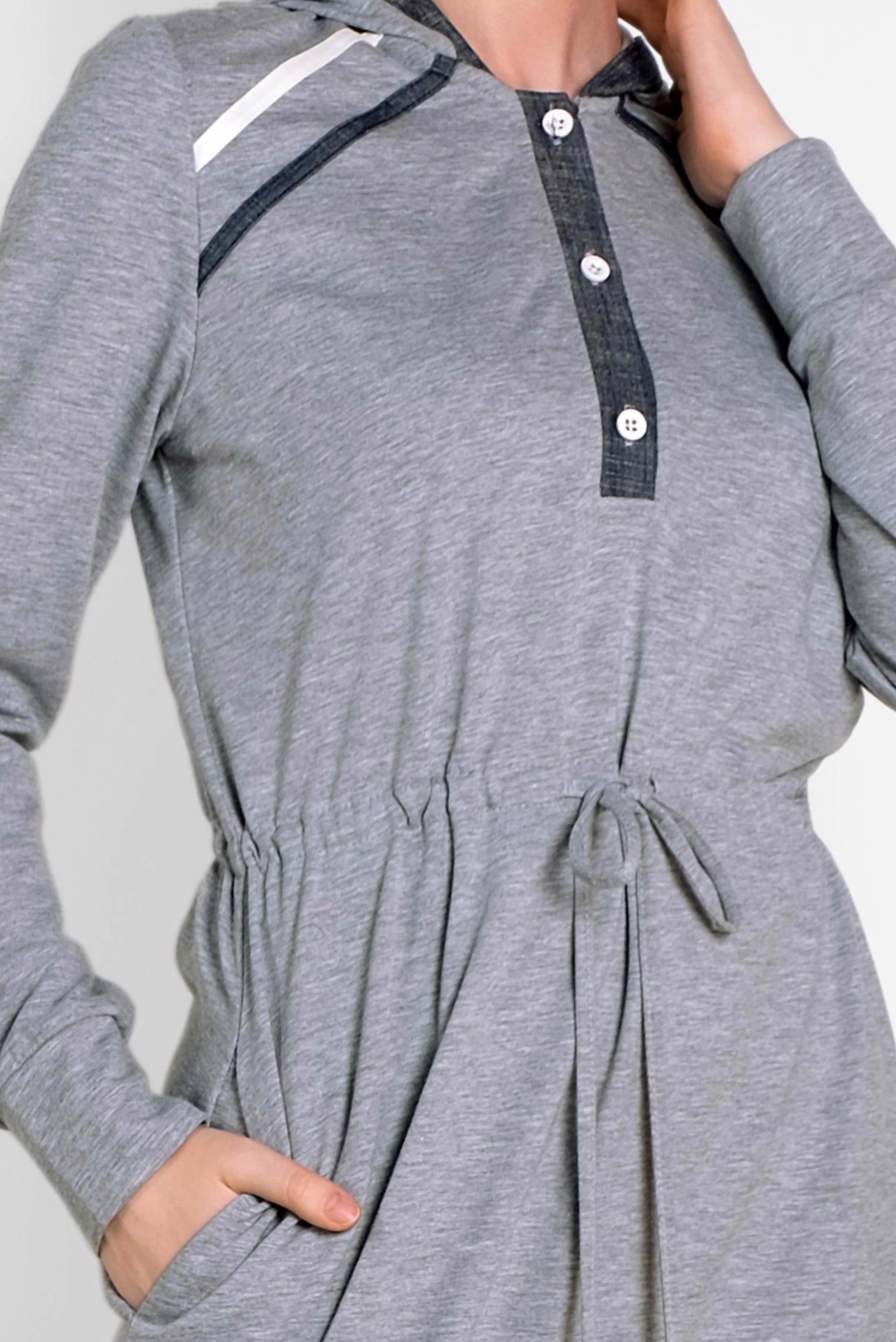 Tesettür giyim GRİ BELİ BÜZGÜLÜ KAPÜŞONLU EŞOFMAN ELBİSE 4468 