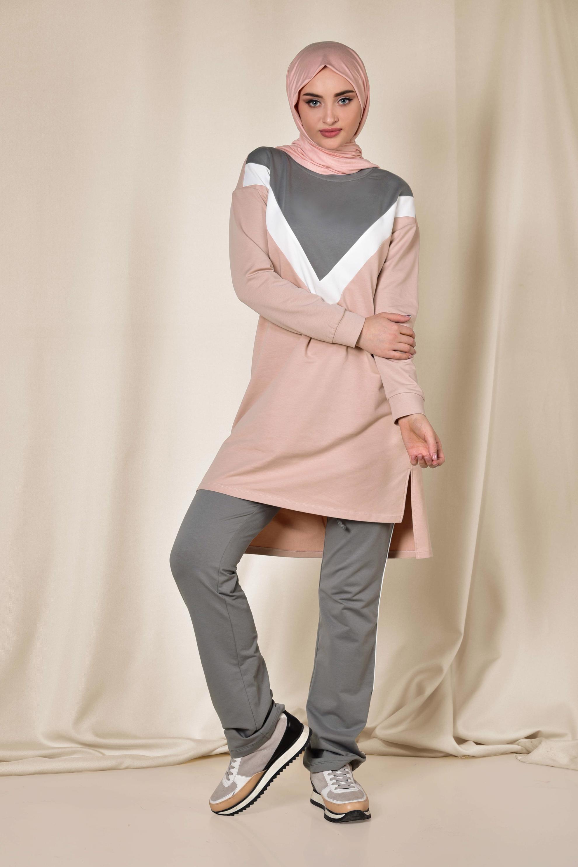 Tesettür giyim PUDRA PAMUKLU İKİLİ PANTOLONLU EŞOFMAN TAKIMI 4871