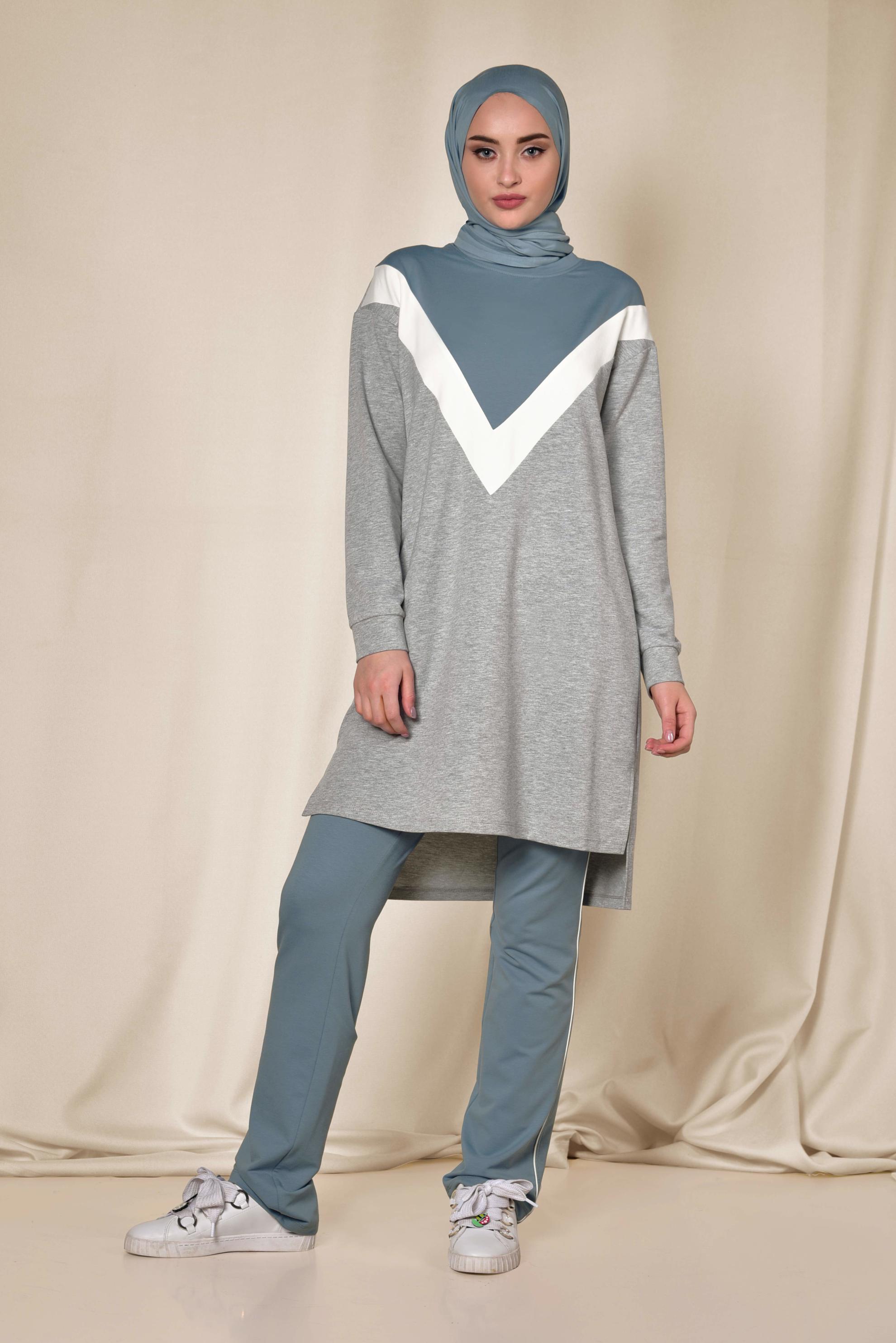 Tesettür giyim GRİ PAMUKLU İKİLİ PANTOLONLU EŞOFMAN TAKIMI 4871