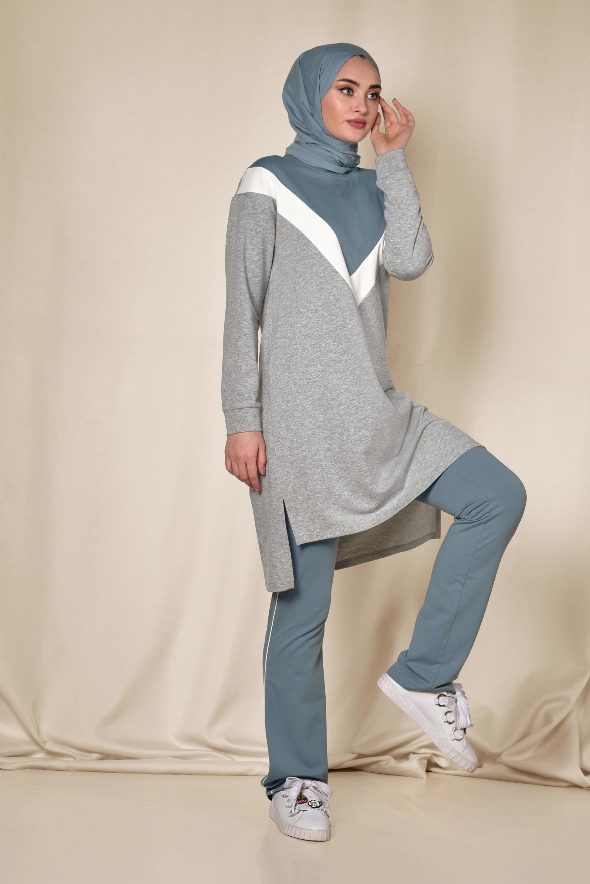 Tesettür giyim GRİ PAMUKLU İKİLİ PANTOLONLU EŞOFMAN TAKIMI 4871