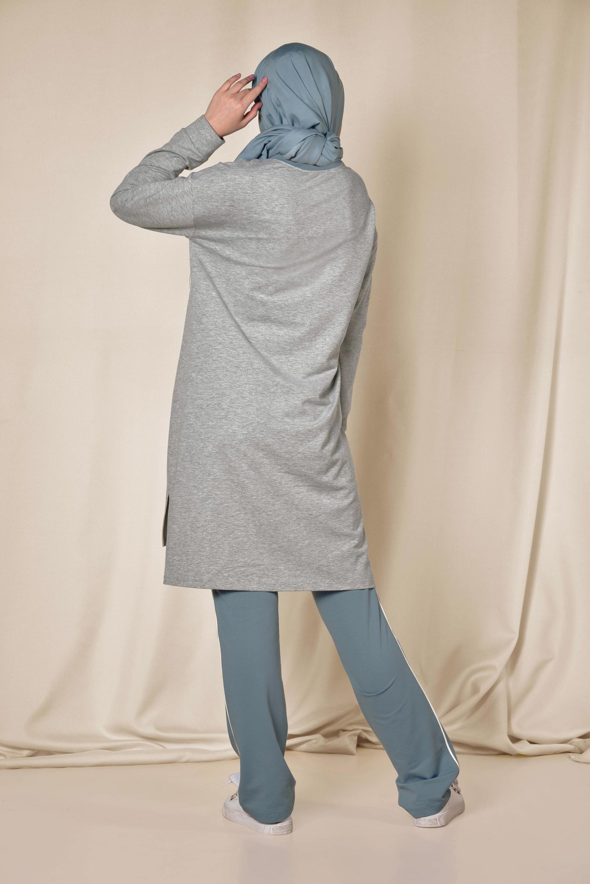 Tesettür giyim GRİ PAMUKLU İKİLİ PANTOLONLU EŞOFMAN TAKIMI 4871