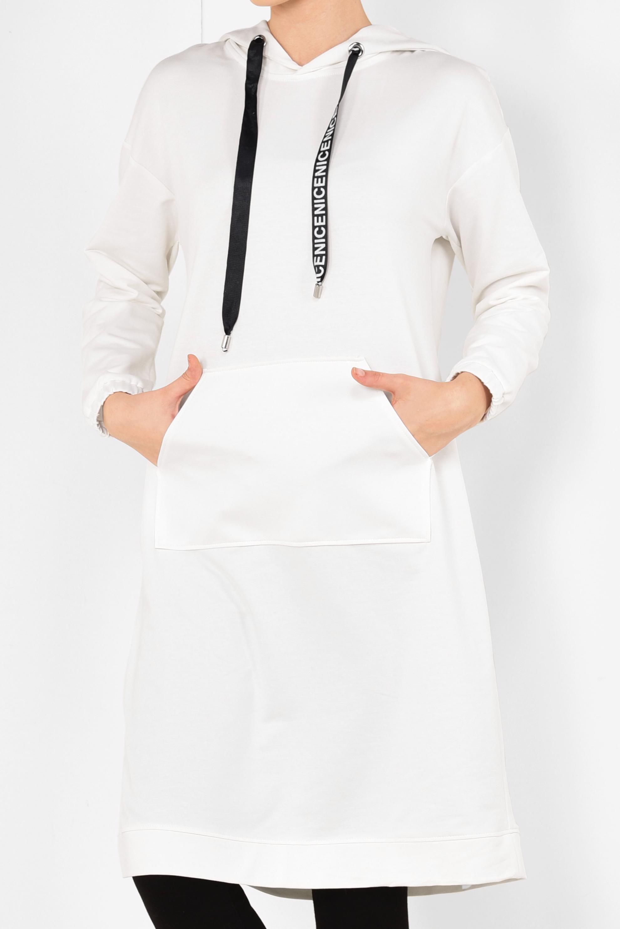 Tesettür giyim BEYAZ CEP DETAYLI KAPÜŞONLU SPOR TUNİK 4872 