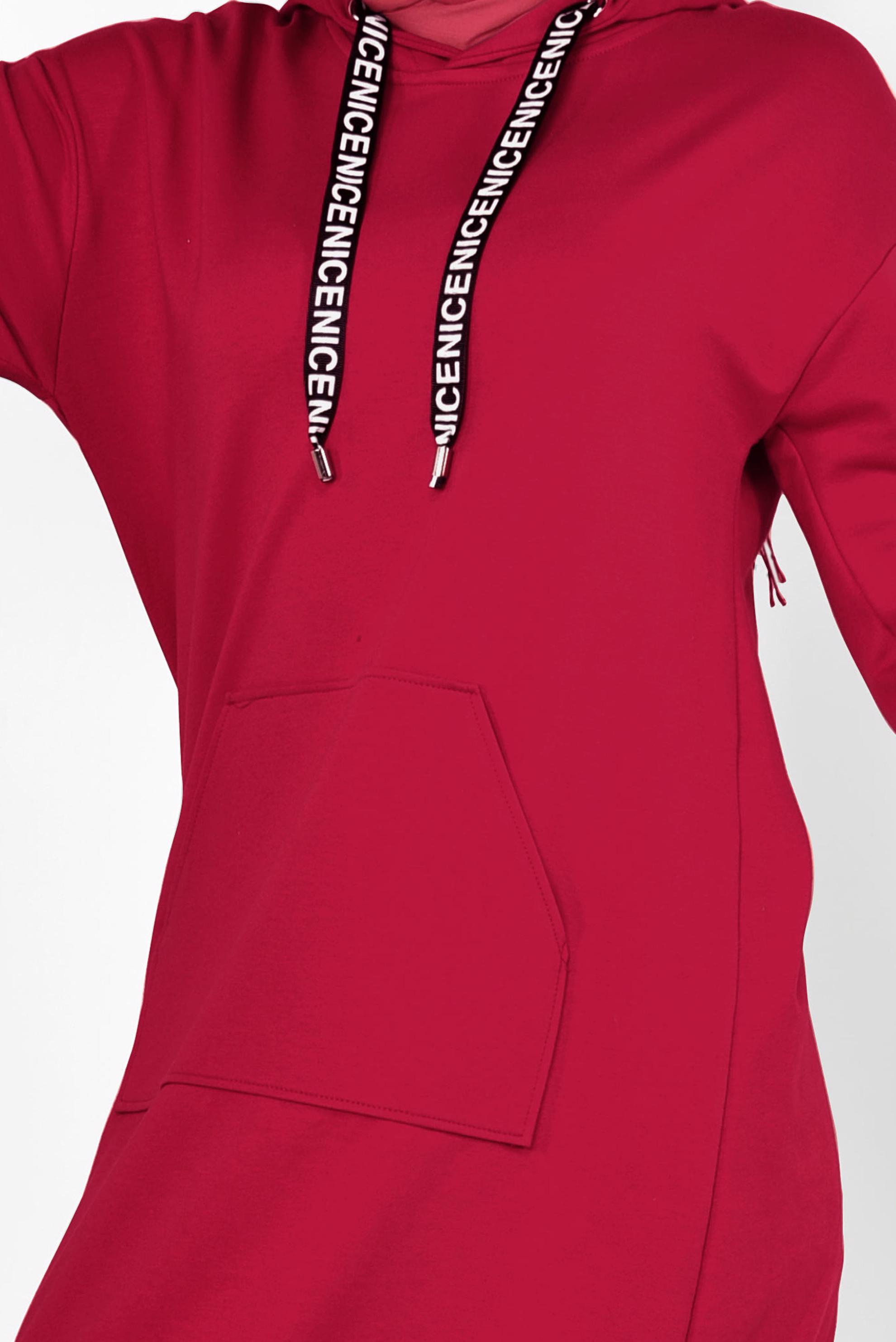 Tesettür giyim KIRMIZI CEP DETAYLI KAPÜŞONLU SPOR TUNİK 4872 