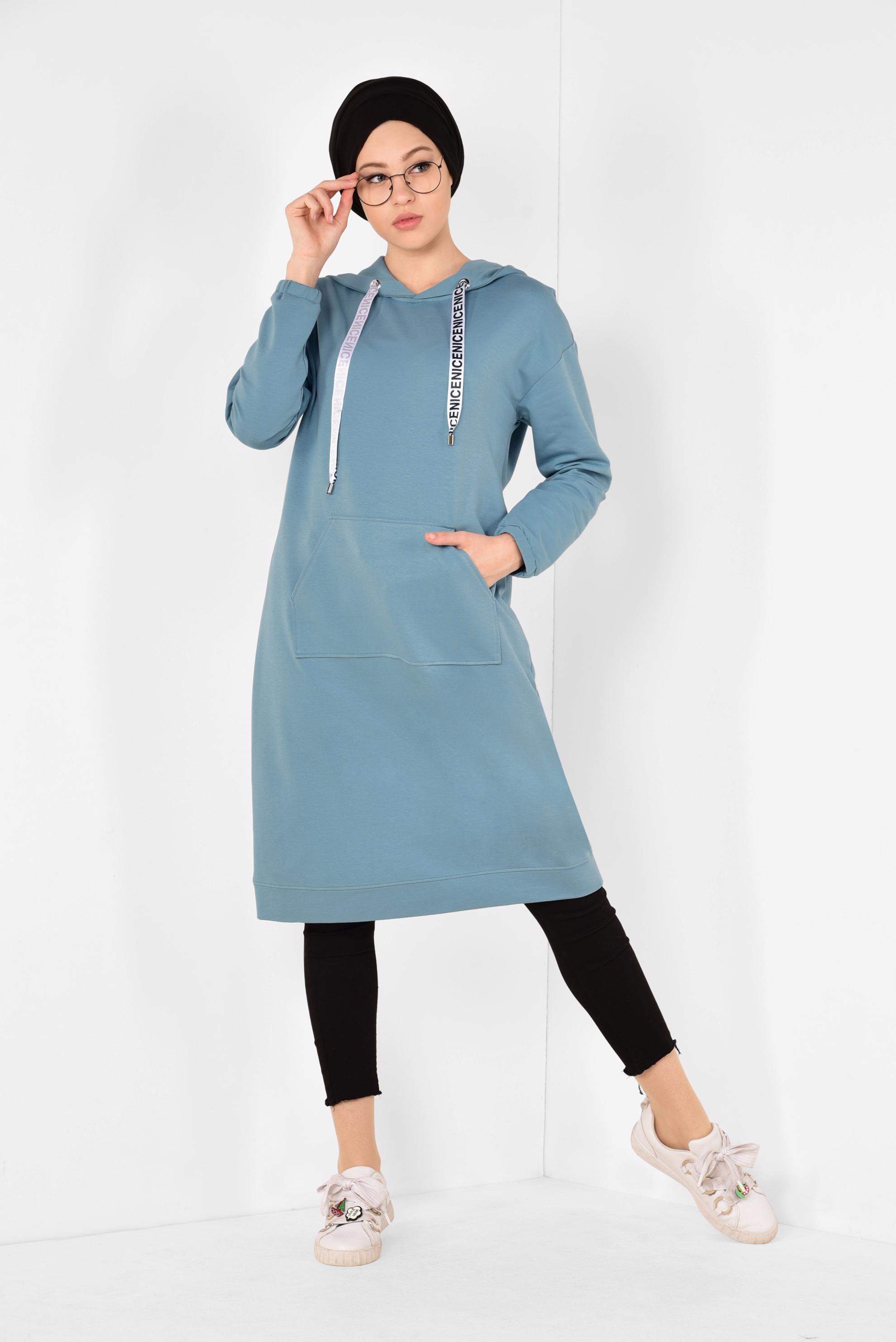 Tesettür giyim MAVİ CEP DETAYLI KAPÜŞONLU SPOR TUNİK 4872 