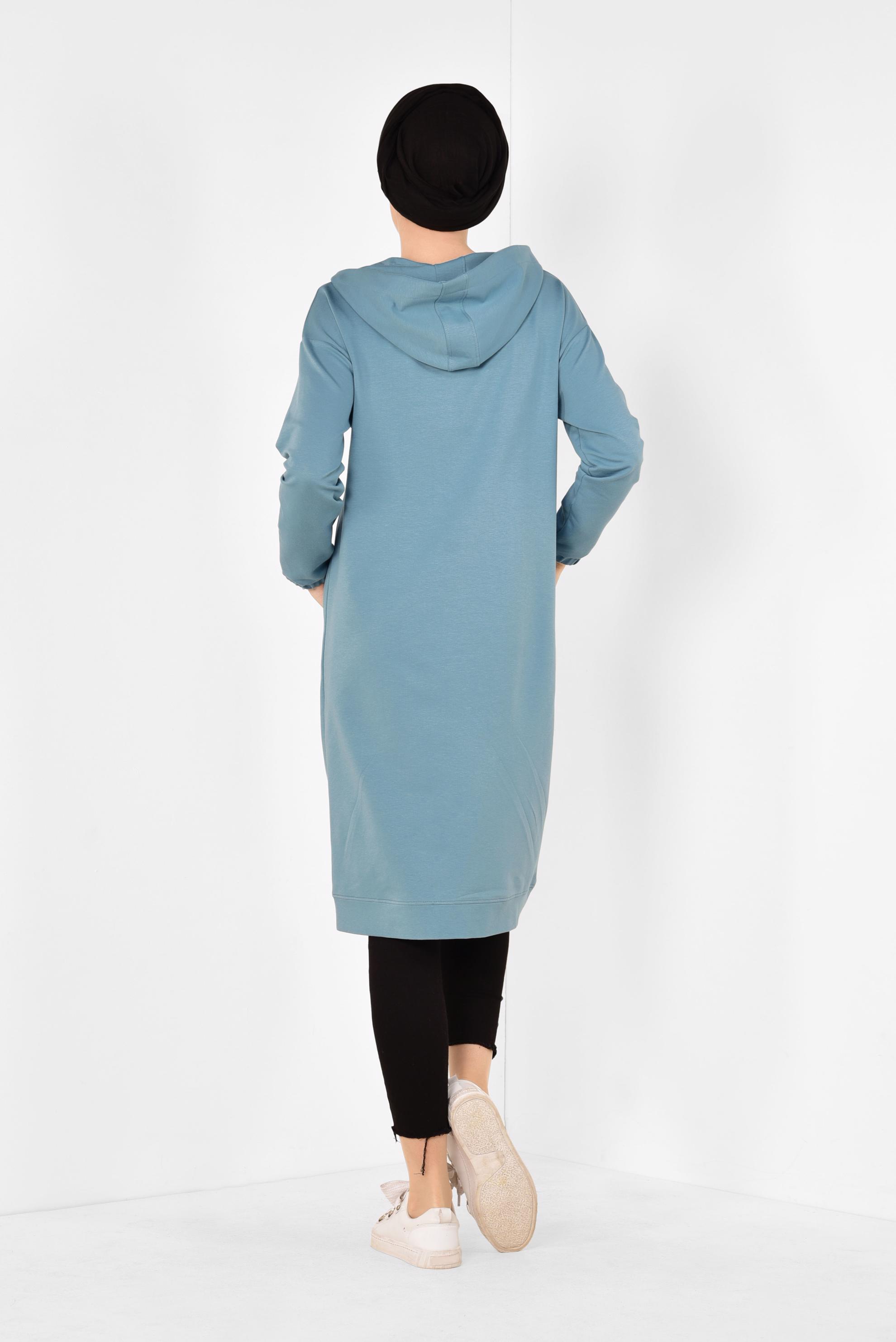 Tesettür giyim MAVİ CEP DETAYLI KAPÜŞONLU SPOR TUNİK 4872 