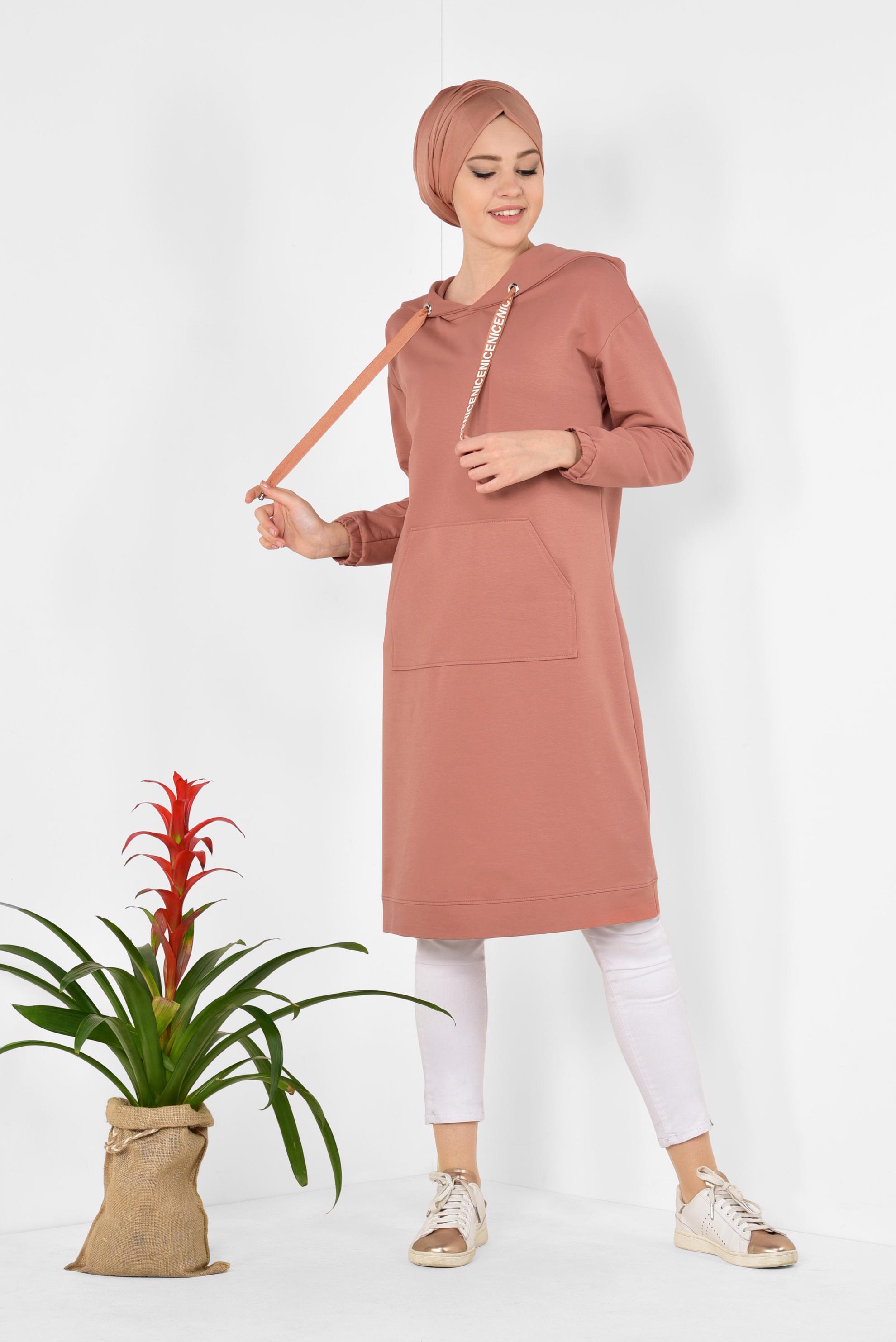 Tesettür giyim TURUNCU CEP DETAYLI KAPÜŞONLU SPOR TUNİK 4872 