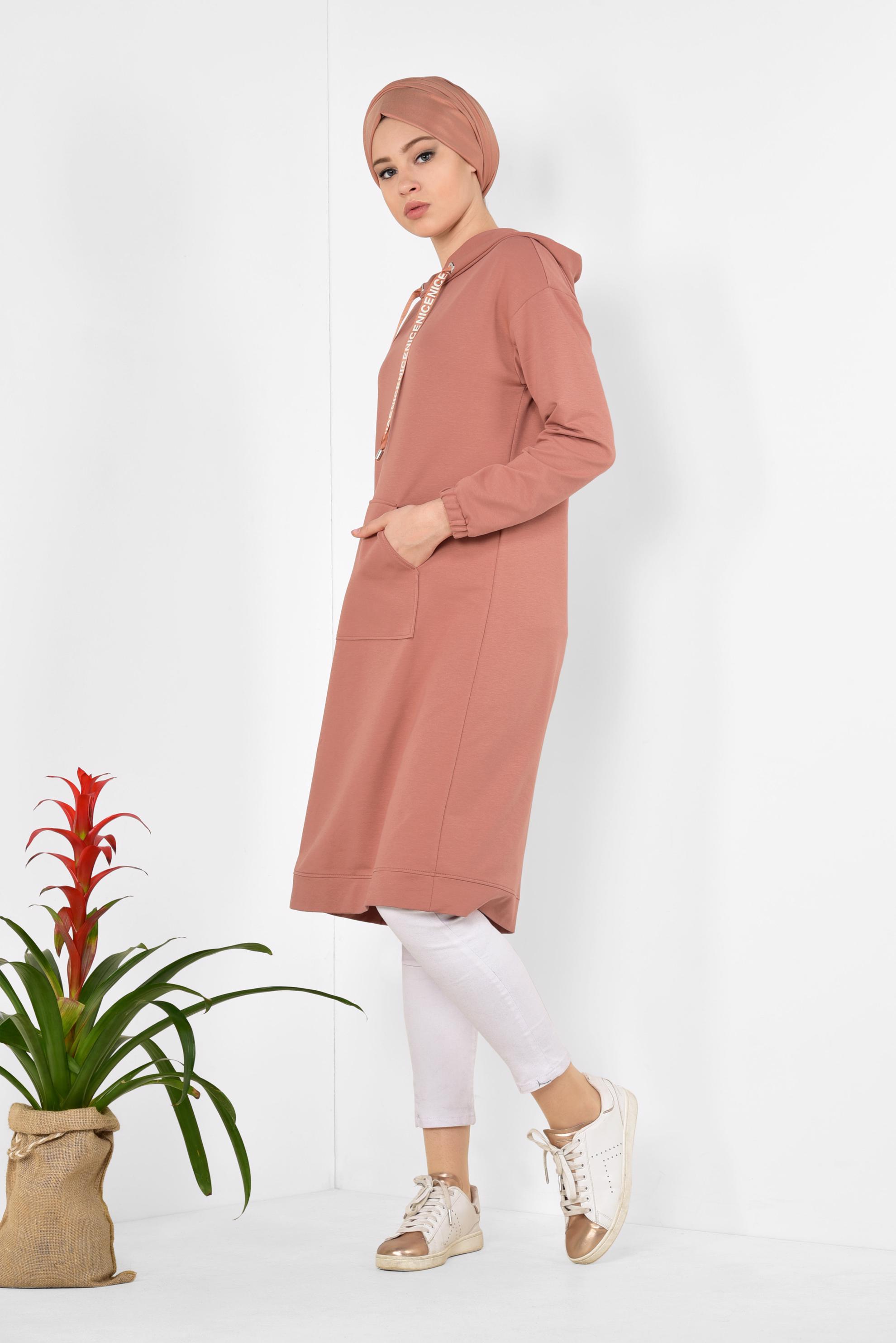 Tesettür giyim TURUNCU CEP DETAYLI KAPÜŞONLU SPOR TUNİK 4872 