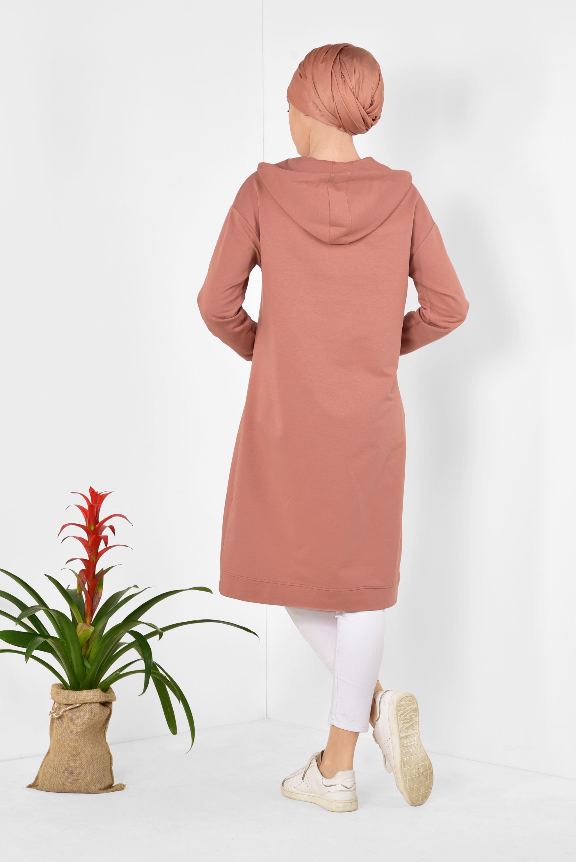 Tesettür giyim TURUNCU CEP DETAYLI KAPÜŞONLU SPOR TUNİK 4872 