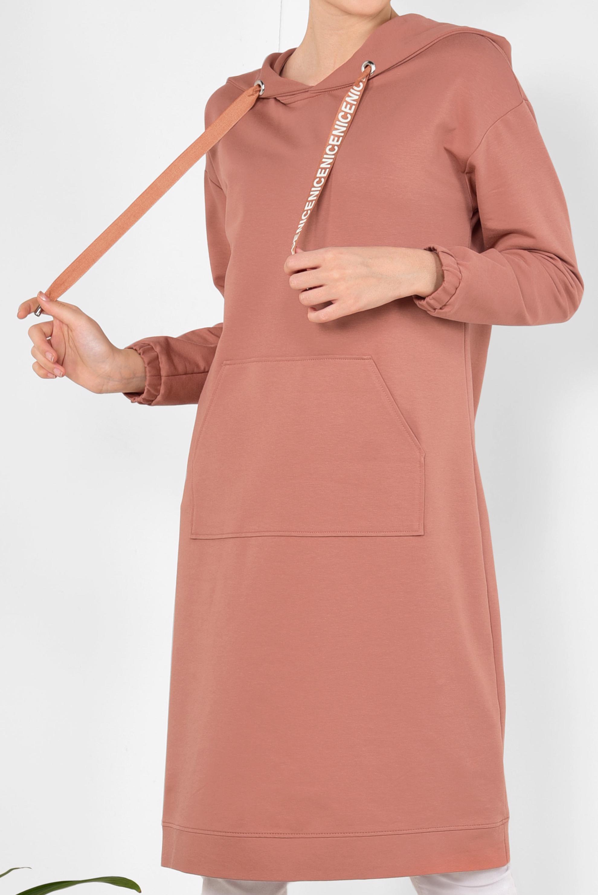 Tesettür giyim TURUNCU CEP DETAYLI KAPÜŞONLU SPOR TUNİK 4872 