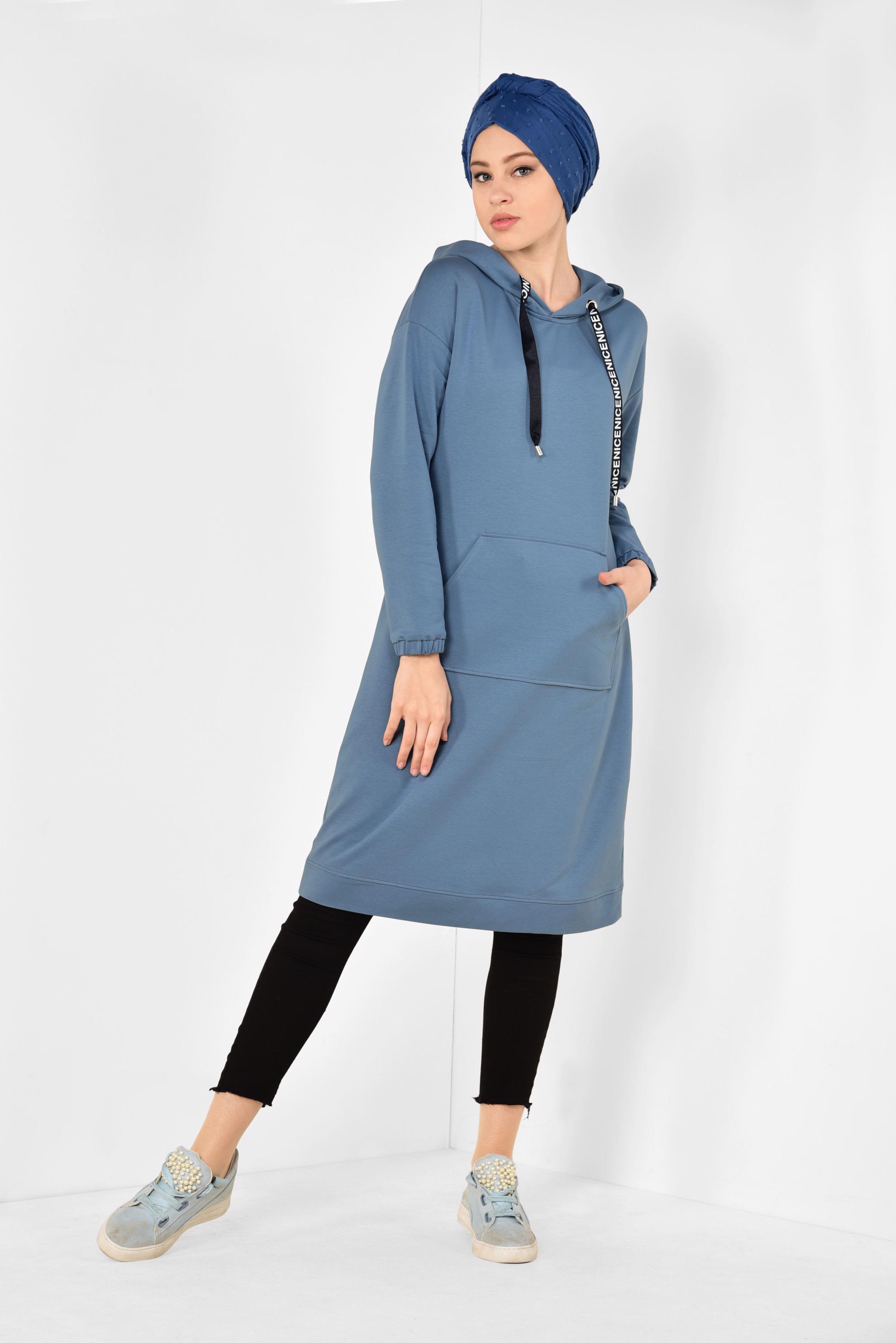 Tesettür giyim MAVİ CEP DETAYLI KAPÜŞONLU SPOR TUNİK 4872 