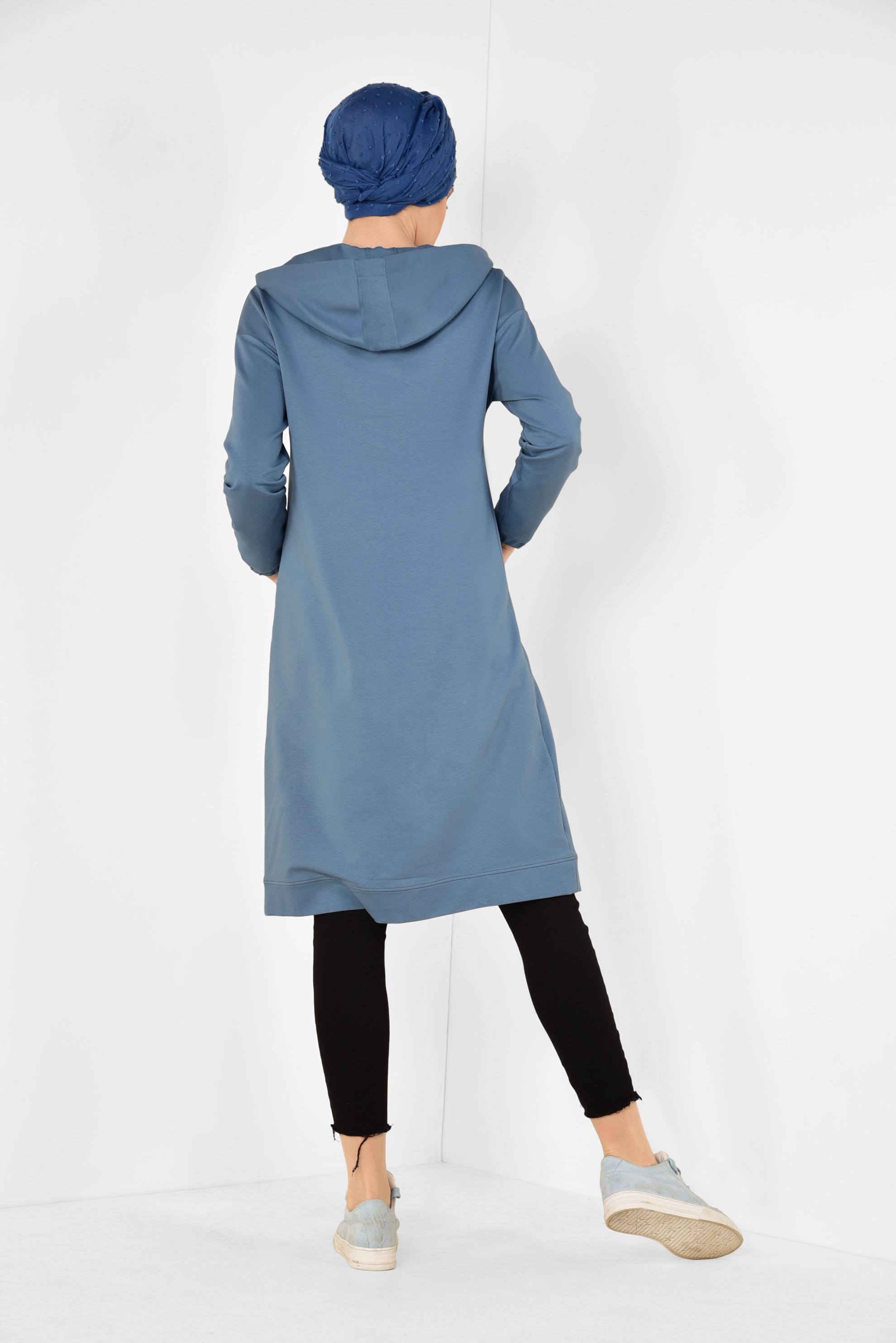 Tesettür giyim MAVİ CEP DETAYLI KAPÜŞONLU SPOR TUNİK 4872 