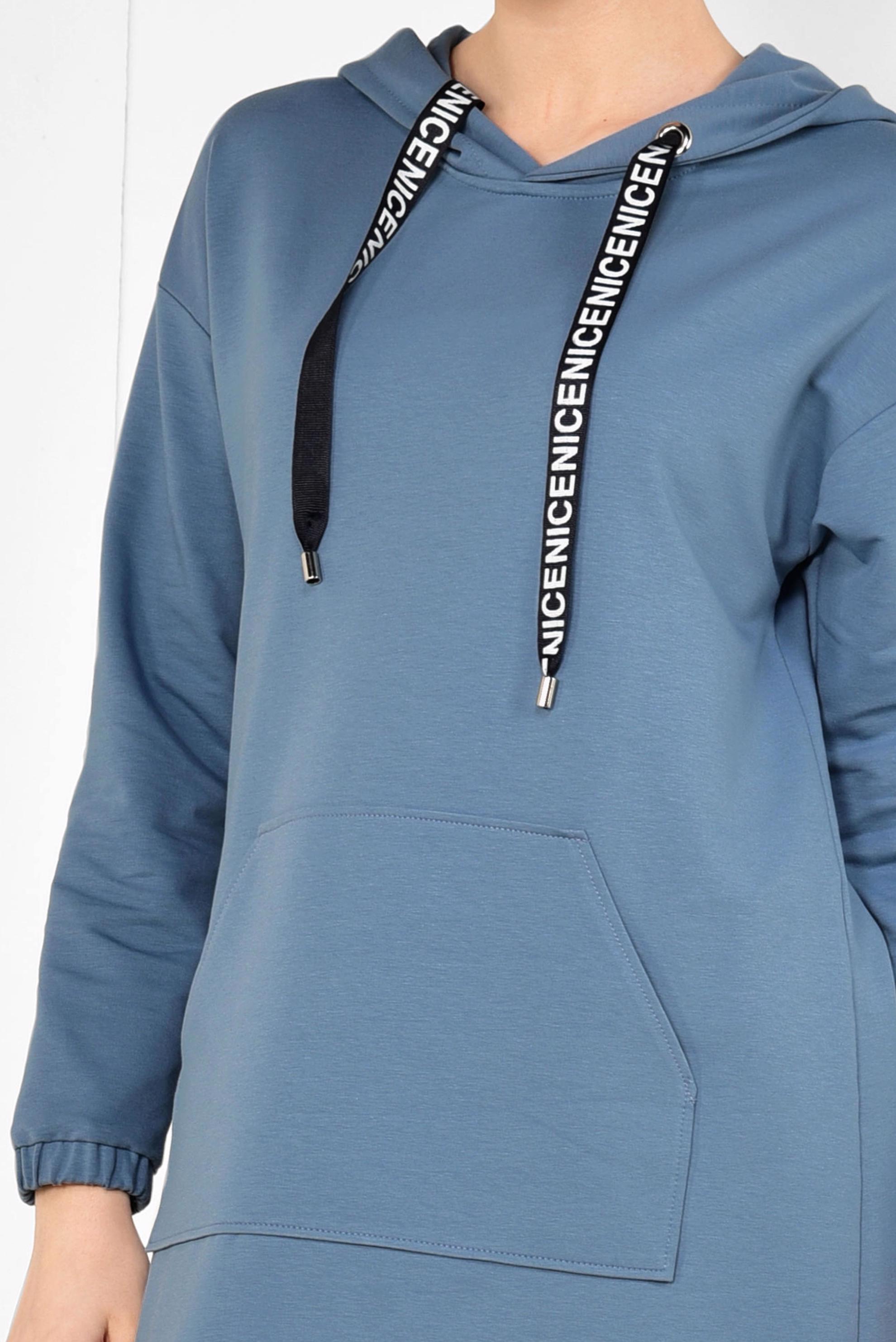 Tesettür giyim MAVİ CEP DETAYLI KAPÜŞONLU SPOR TUNİK 4872 