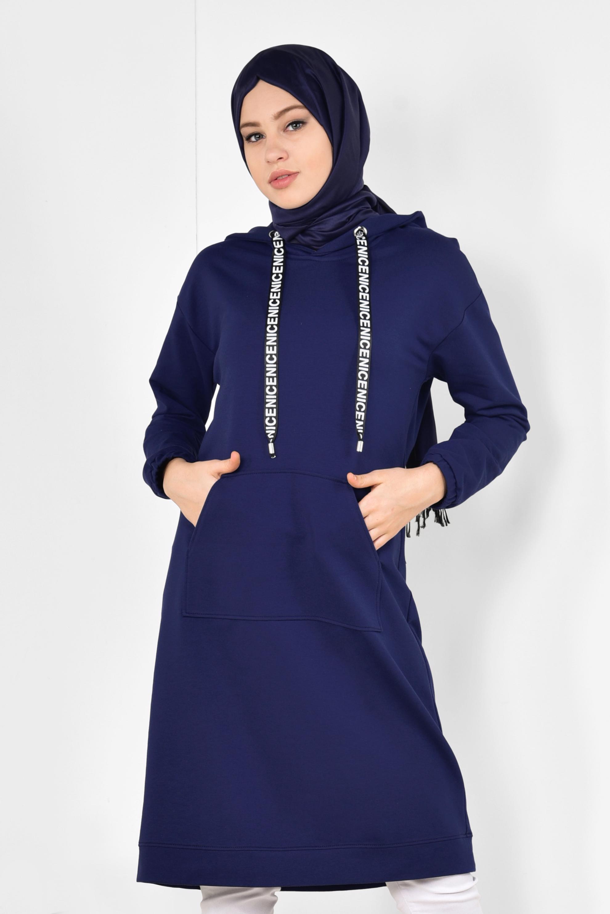 Tesettür giyim LACİVERT CEP DETAYLI KAPÜŞONLU SPOR TUNİK 4872 