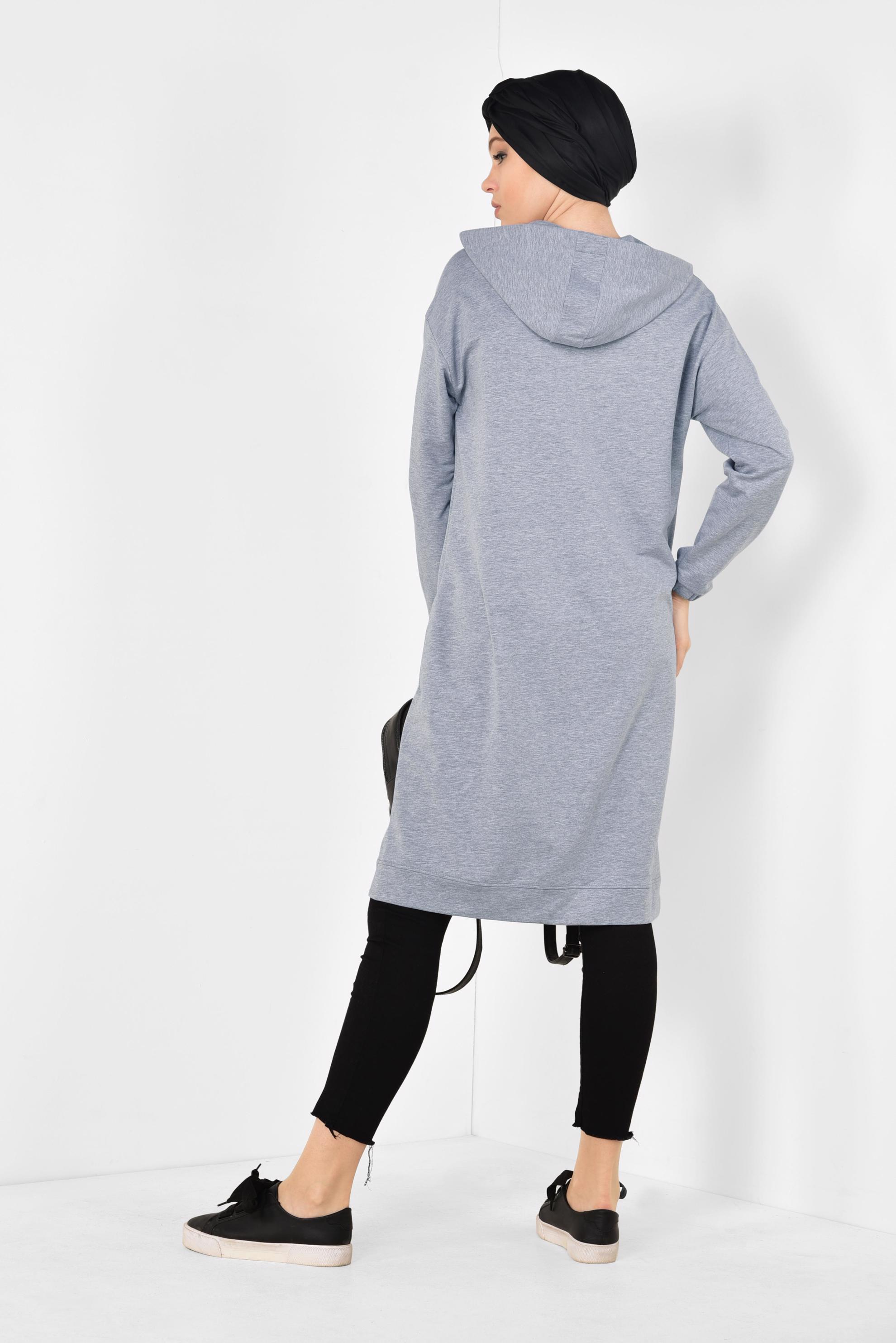 Tesettür giyim GRİ CEP DETAYLI KAPÜŞONLU SPOR TUNİK 4872 