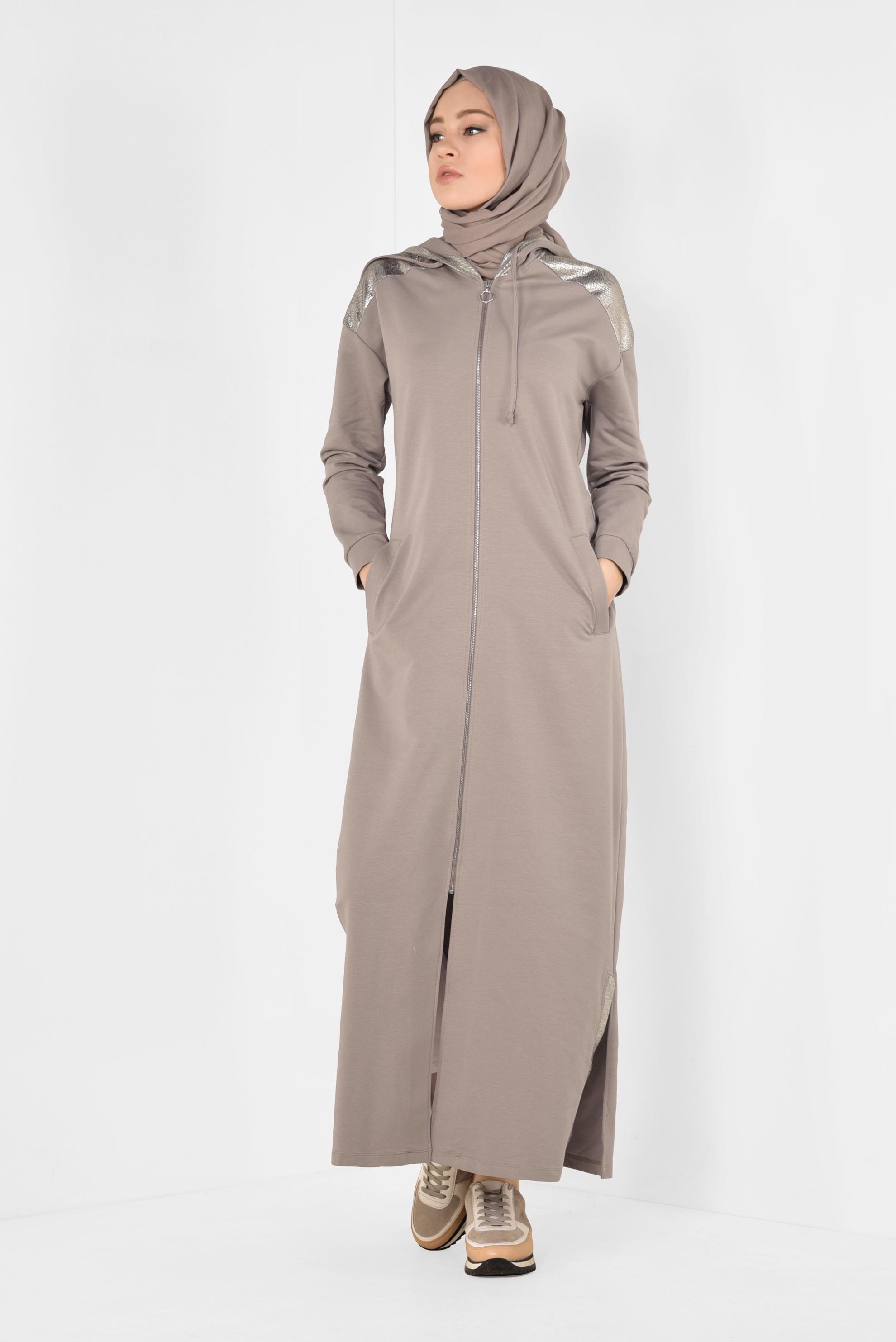 Tesettür giyim KAHVE ÖNDEN FERMUARLI KAPÜŞONLU TUNİK 4873 
