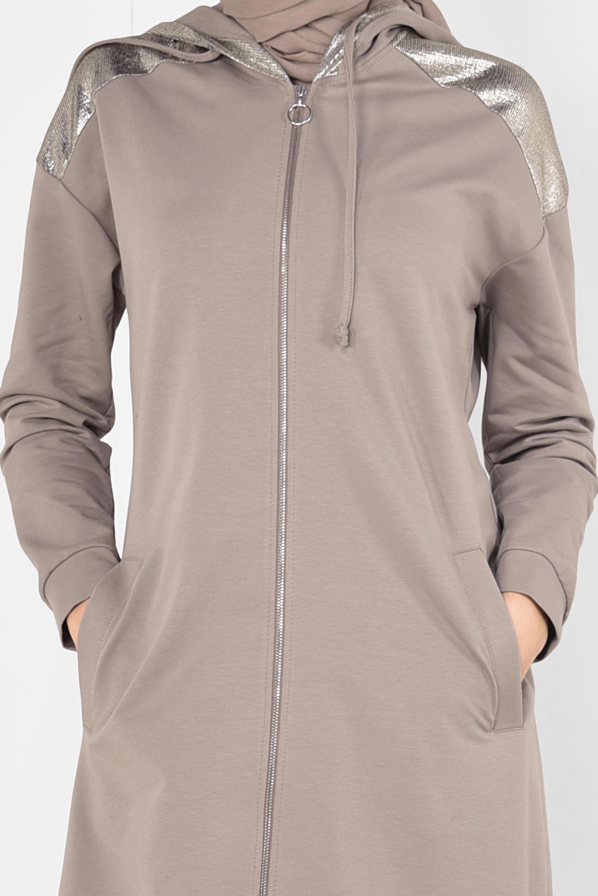 Tesettür giyim KAHVE ÖNDEN FERMUARLI KAPÜŞONLU TUNİK 4873 