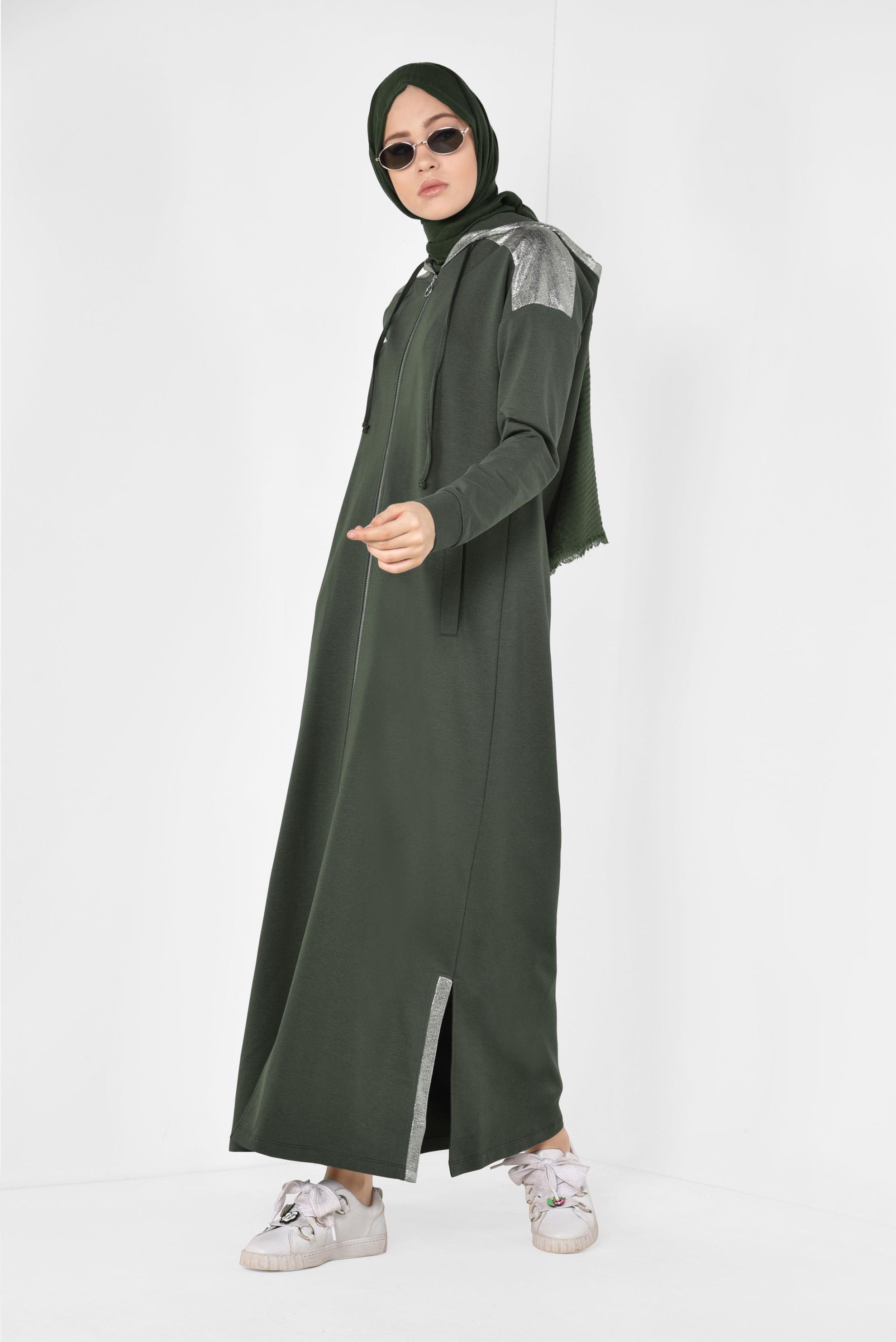 Tesettür giyim HAKİ ÖNDEN FERMUARLI KAPÜŞONLU TUNİK 4873 