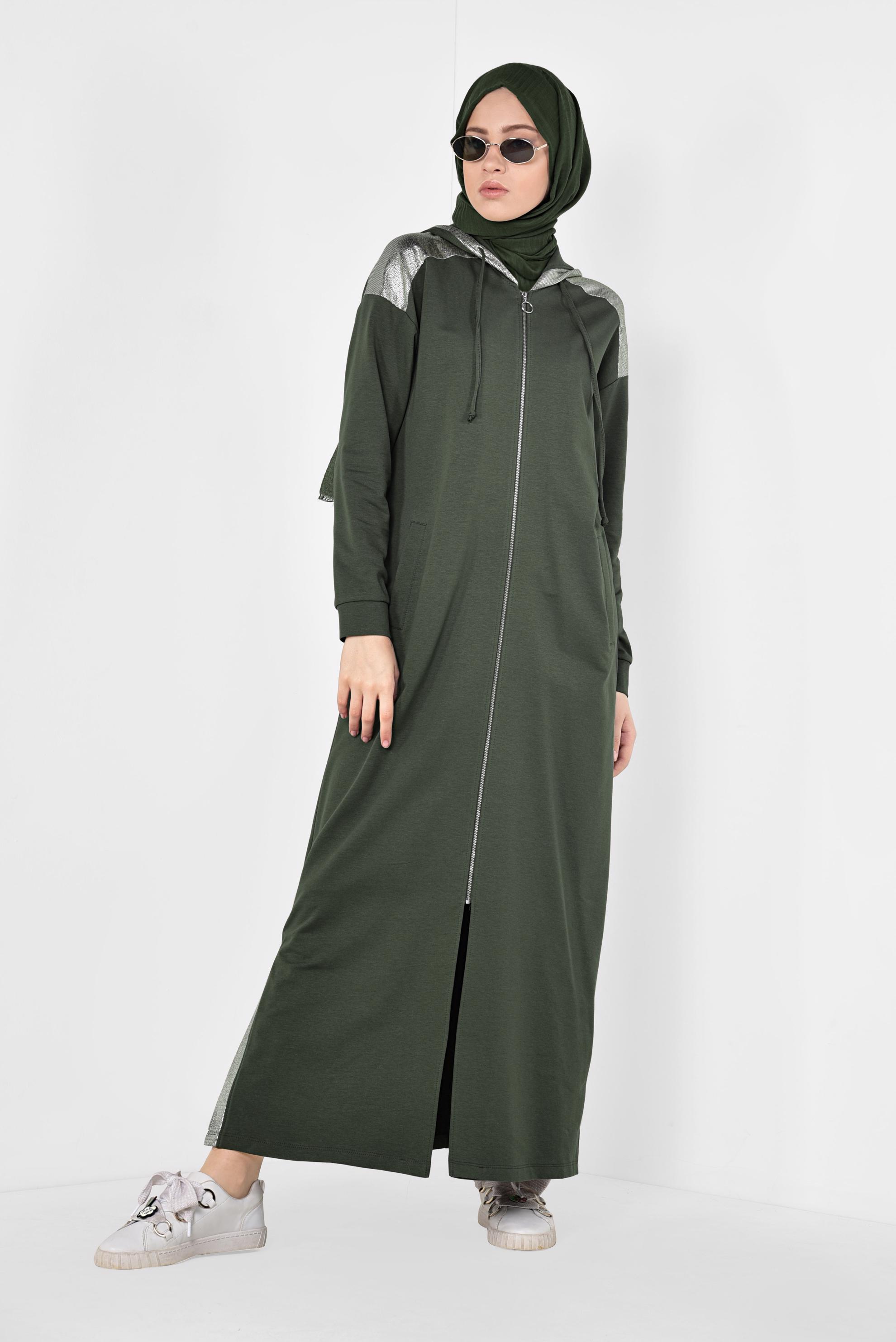 Tesettür giyim HAKİ ÖNDEN FERMUARLI KAPÜŞONLU TUNİK 4873 