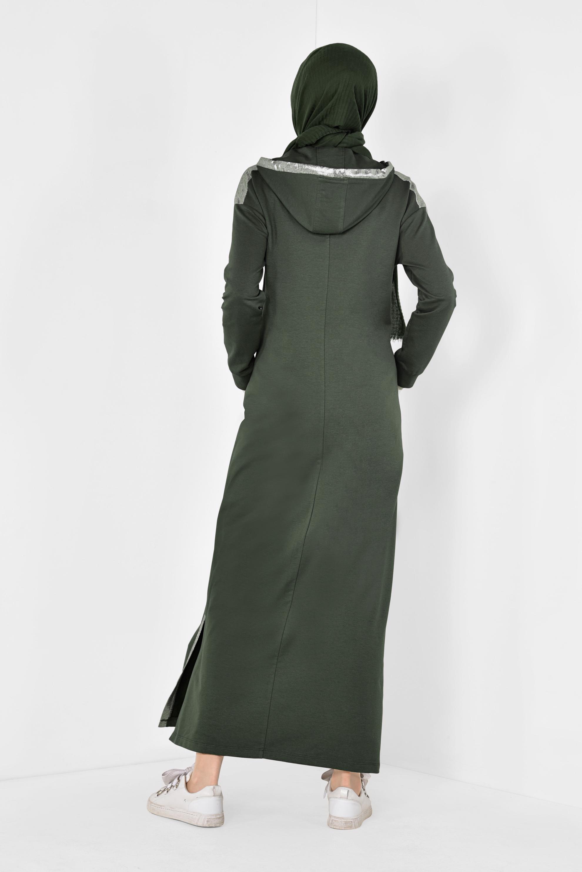 Tesettür giyim HAKİ ÖNDEN FERMUARLI KAPÜŞONLU TUNİK 4873 