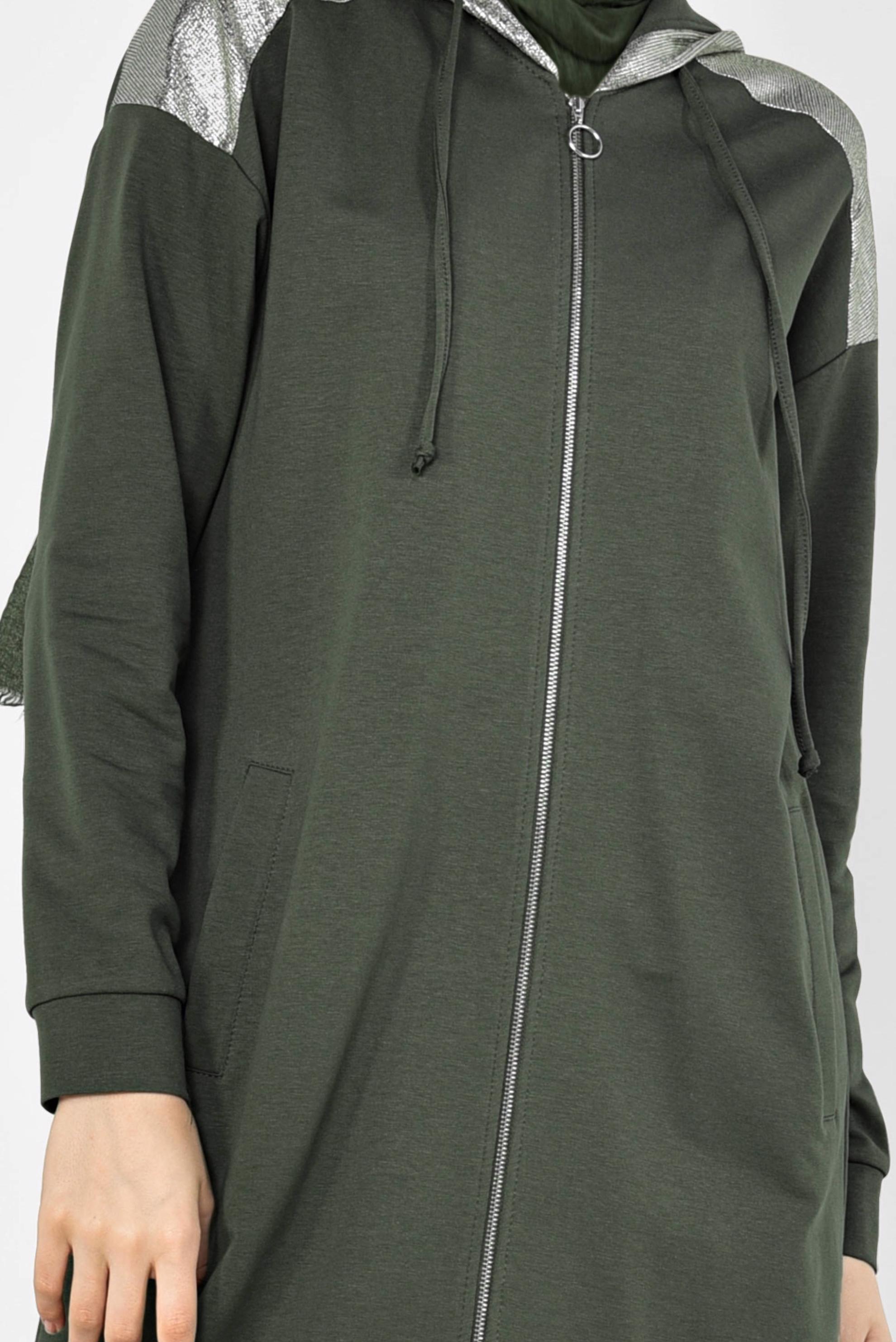 Tesettür giyim HAKİ ÖNDEN FERMUARLI KAPÜŞONLU TUNİK 4873 