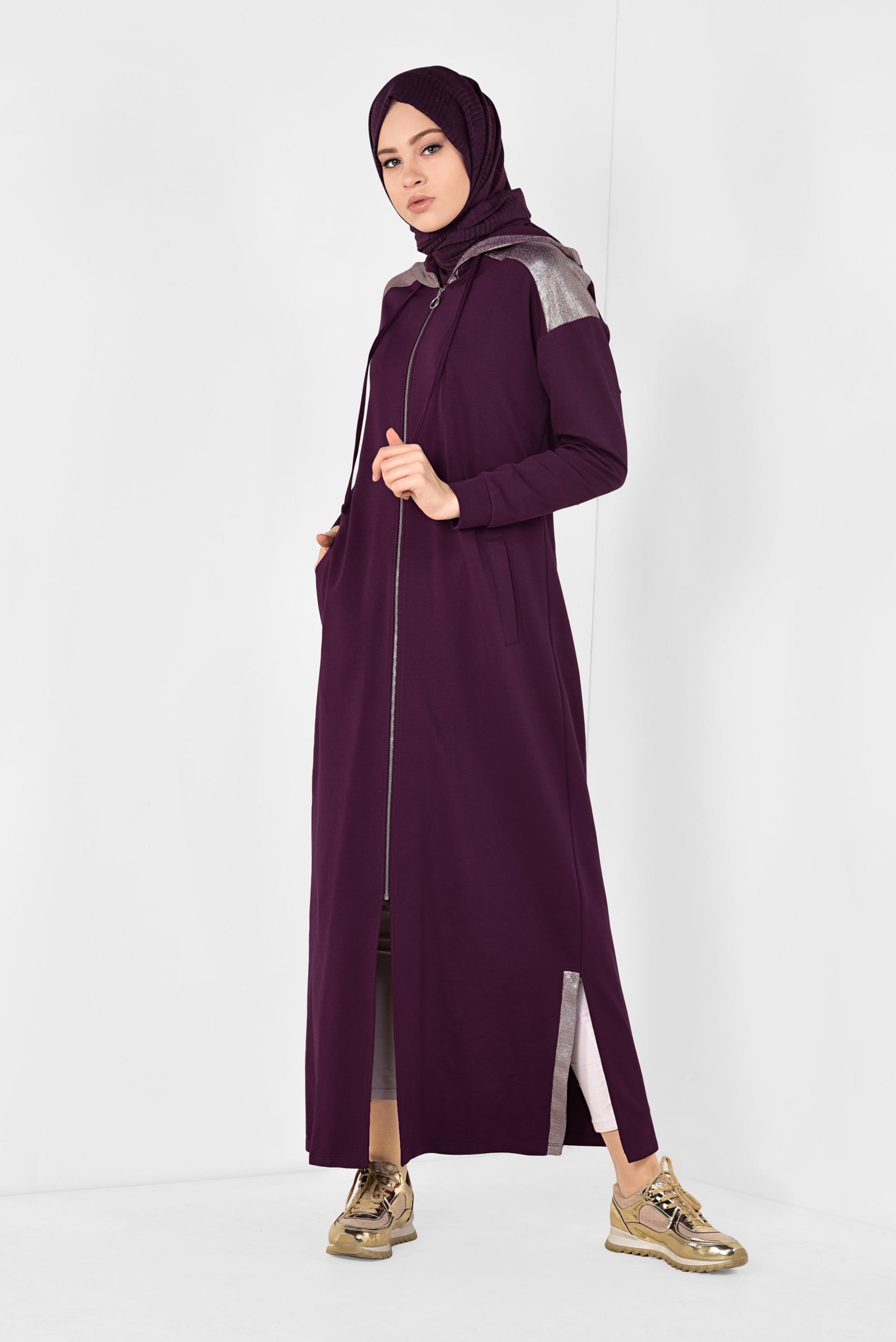 Tesettür giyim MOR ÖNDEN FERMUARLI KAPÜŞONLU TUNİK 4873 