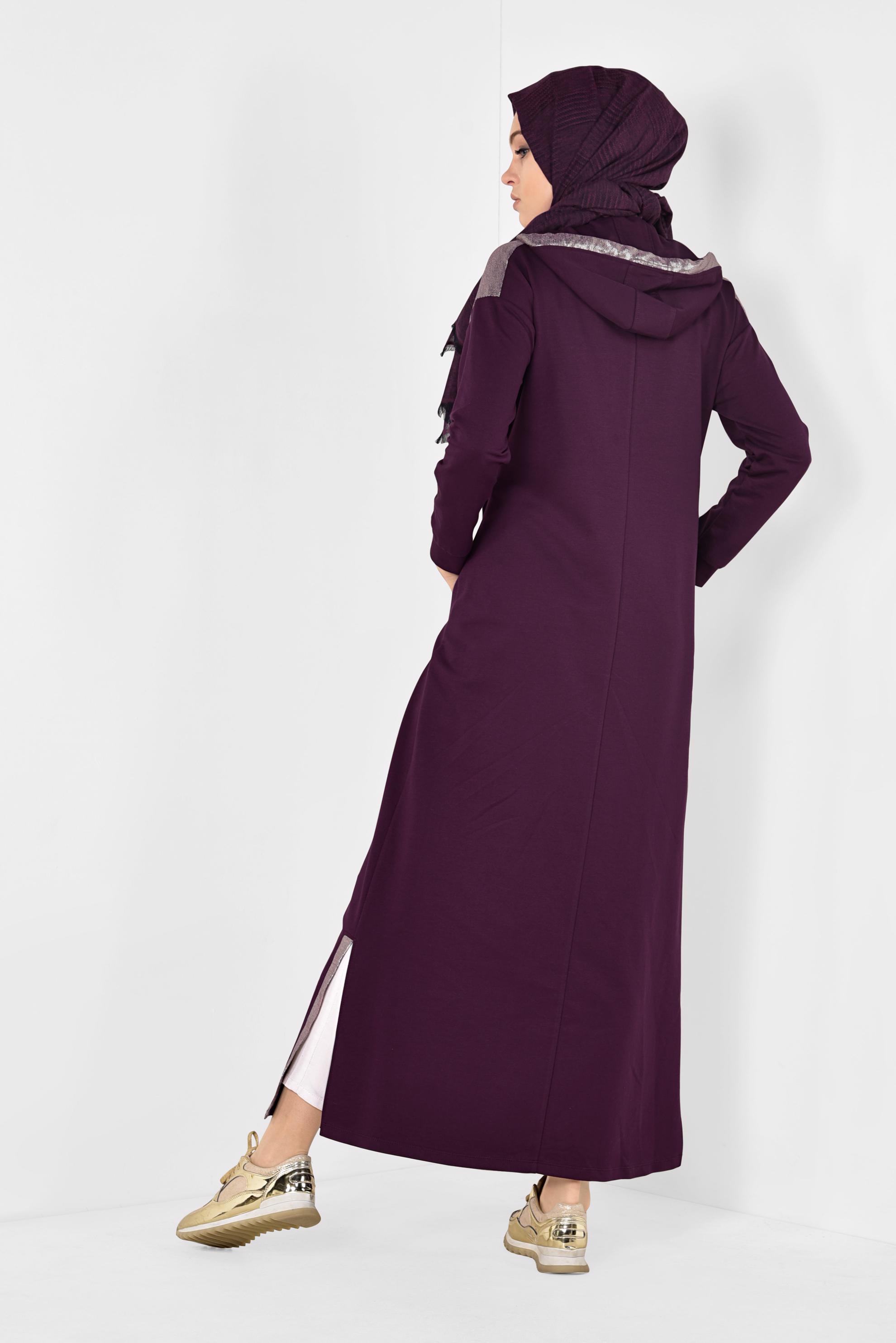 Tesettür giyim MOR ÖNDEN FERMUARLI KAPÜŞONLU TUNİK 4873 
