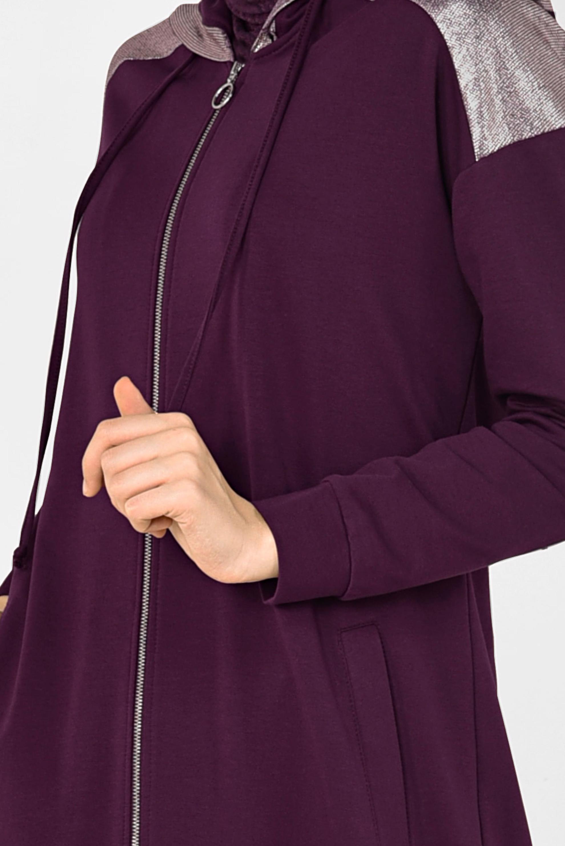Tesettür giyim MOR ÖNDEN FERMUARLI KAPÜŞONLU TUNİK 4873 