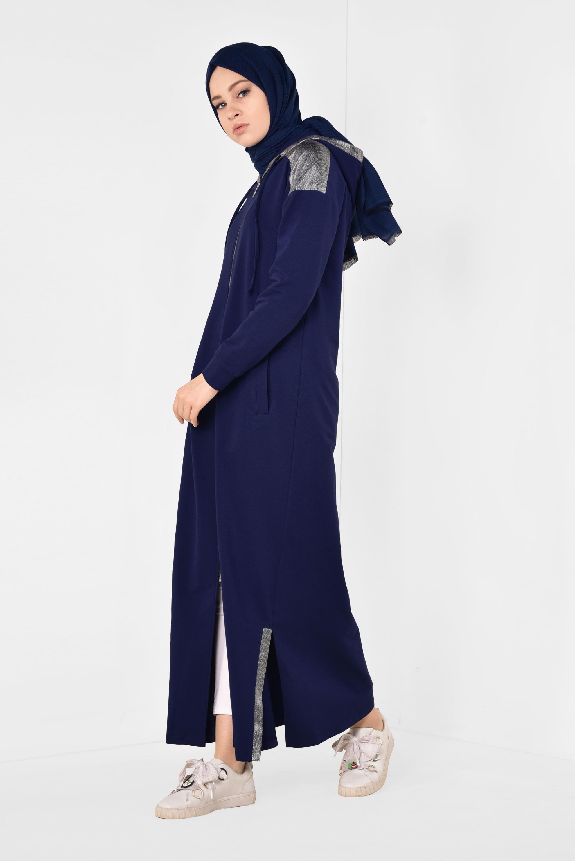 Tesettür giyim LACİVERT ÖNDEN FERMUARLI KAPÜŞONLU TUNİK 4873 