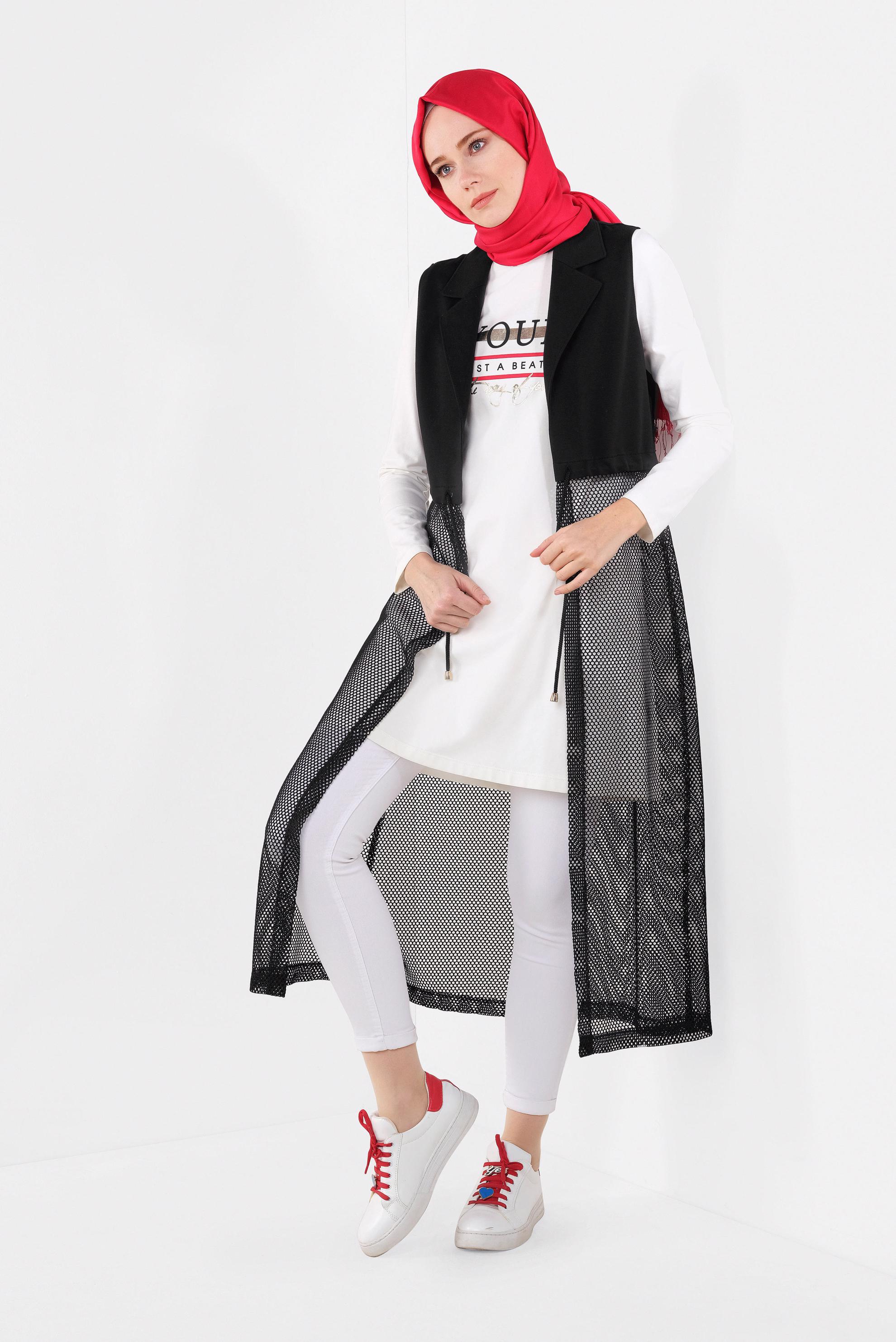 Tesettür giyim SİYAH YELEĞİ FİLELİ 2&prime;Lİ EŞOFMAN TUNİK 4892
