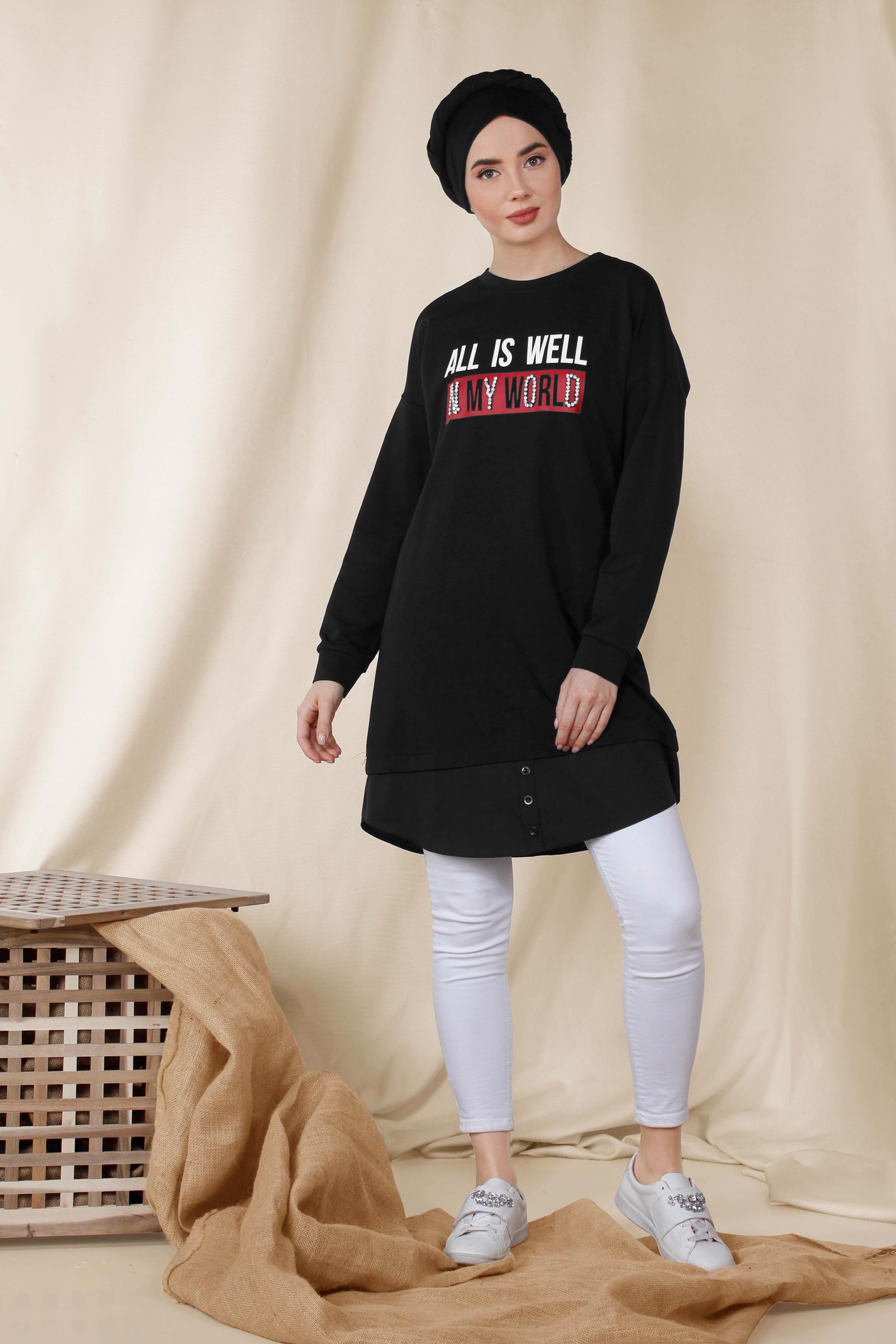 Tesettür giyim SİYAH YAZI BASKILI PAMUKLU SPOR TUNİK 4894