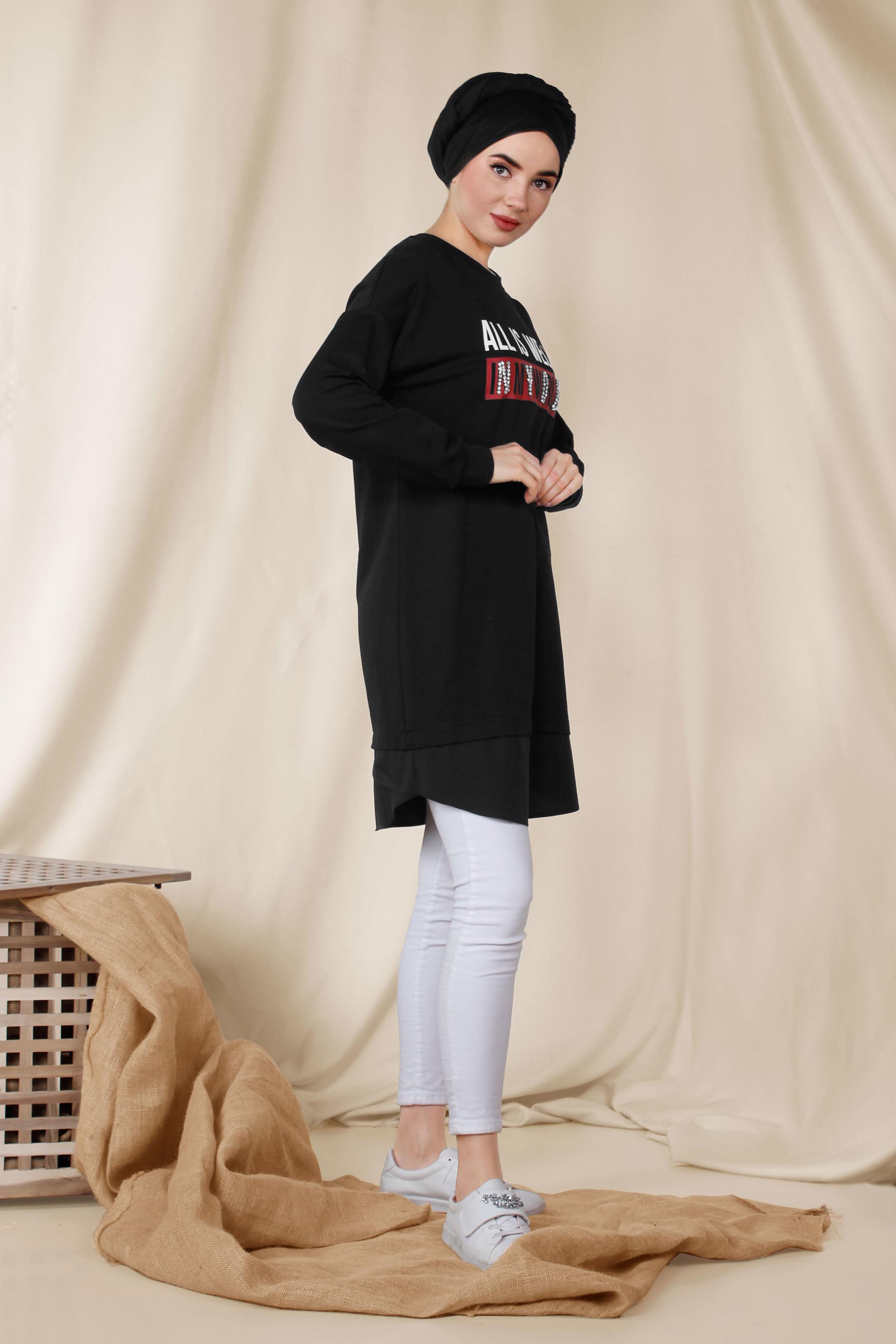 Tesettür giyim SİYAH YAZI BASKILI PAMUKLU SPOR TUNİK 4894