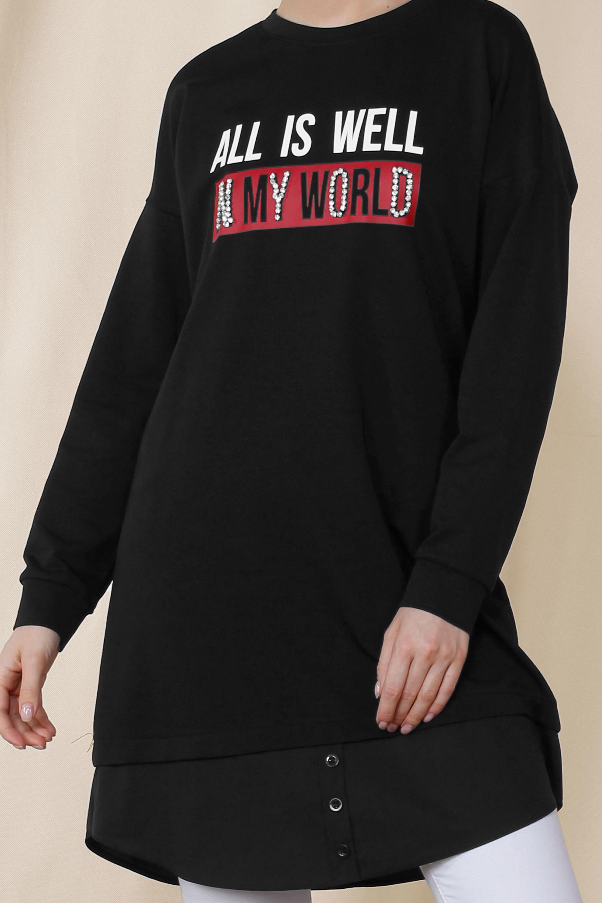 Tesettür giyim SİYAH YAZI BASKILI PAMUKLU SPOR TUNİK 4894